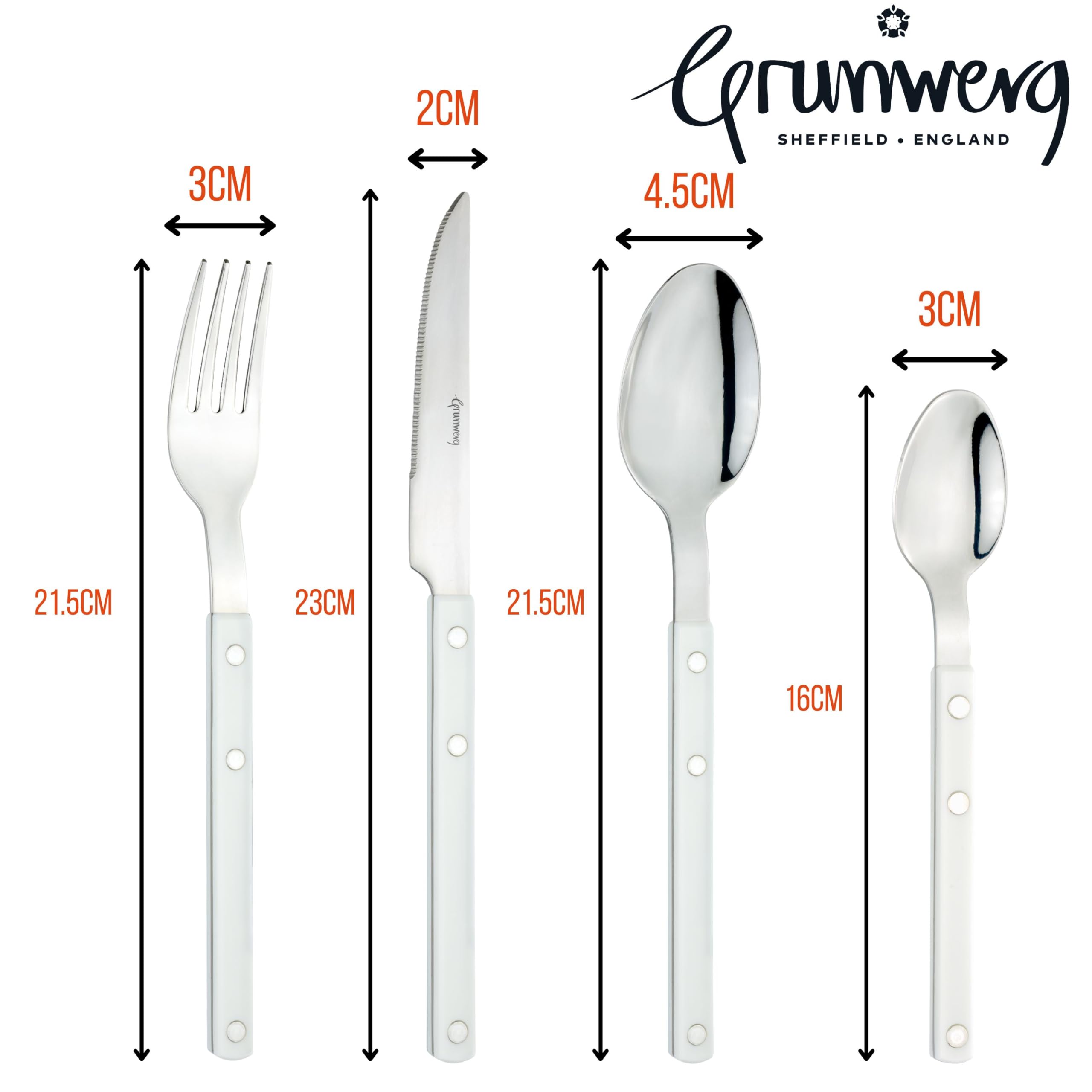 Grunwerg Cubiertos Bistro, Juego de 24 Piezas, Acero Inoxidable 18/0, Mango Blanco Remachado