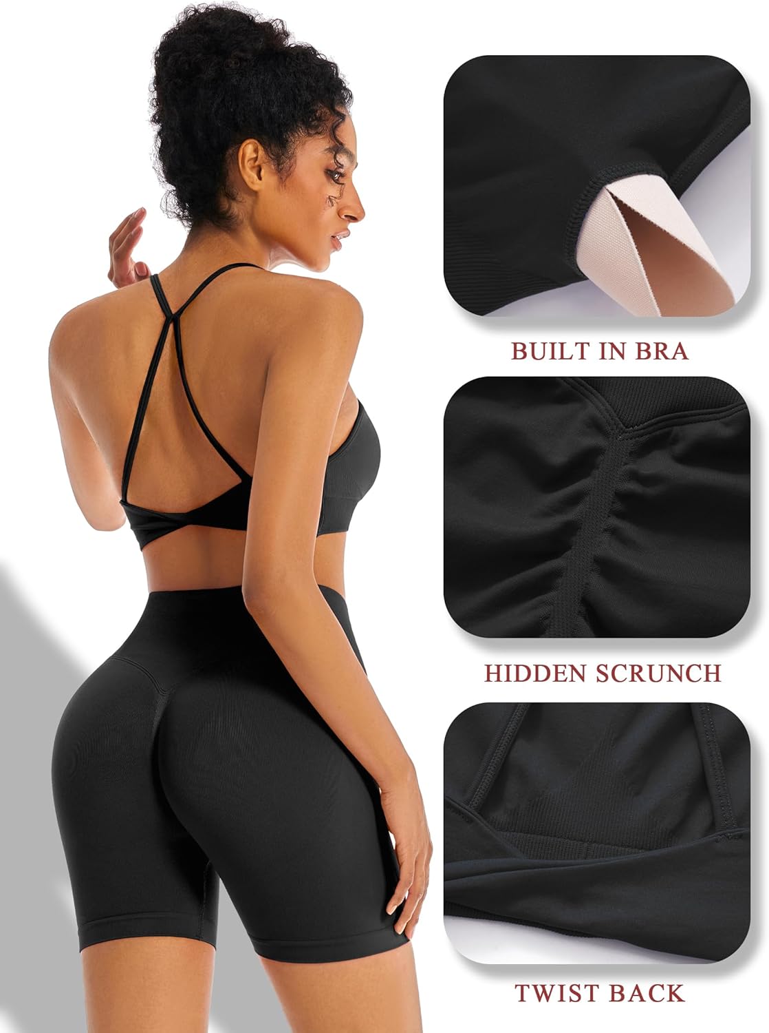 RXRXCOCO Workout Sets For Women 2 Piece Seamless Twist Back Sports Bra Butt Lifting Shorts Pilates Gym Yoga Outfits