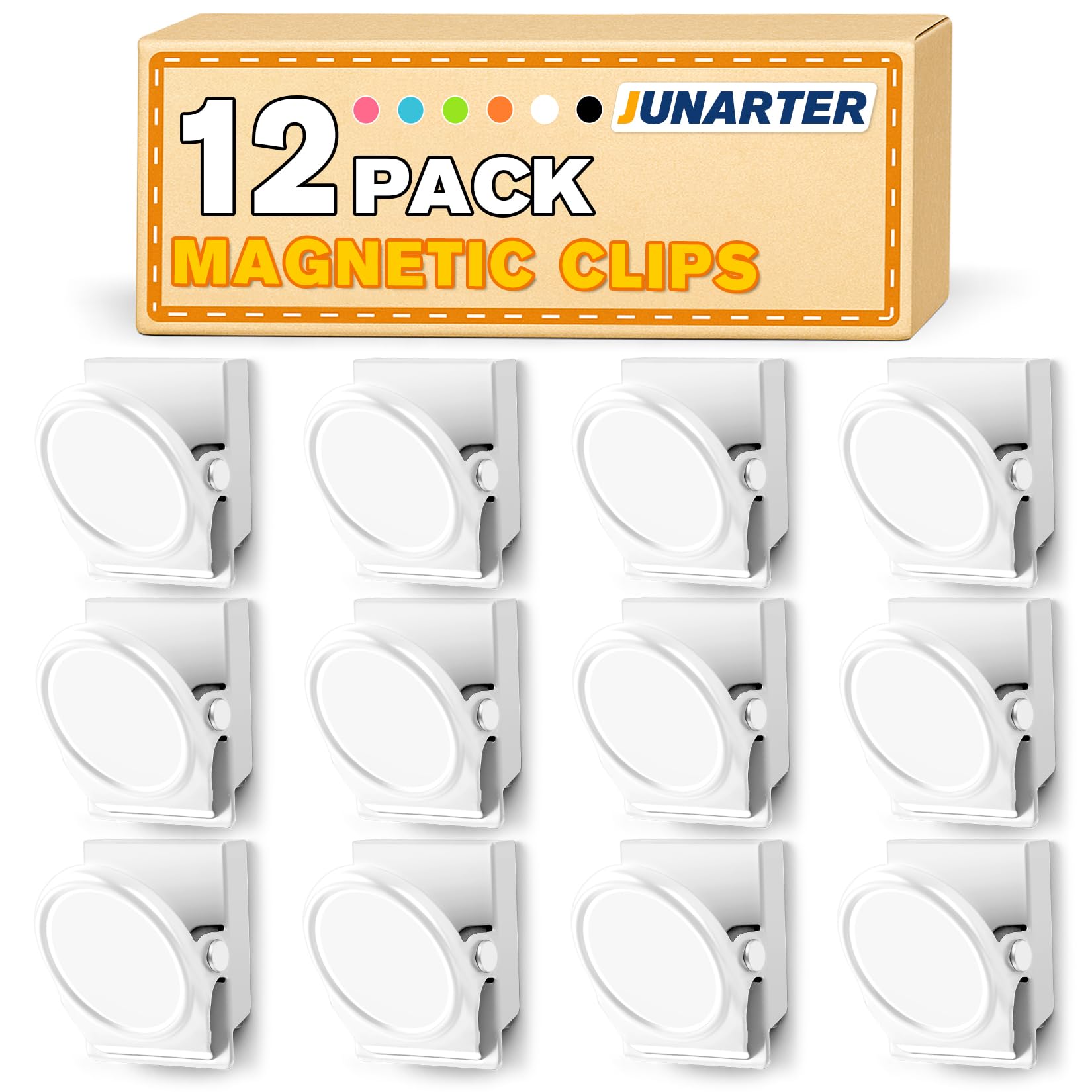 Junarter 12 Pack Magnetic Clips Heavy Duty, White Magnet Clips for Fridge, Refrigerator Magnets, Strong Magnetic Clip, Scratch Free Magnets with Clip