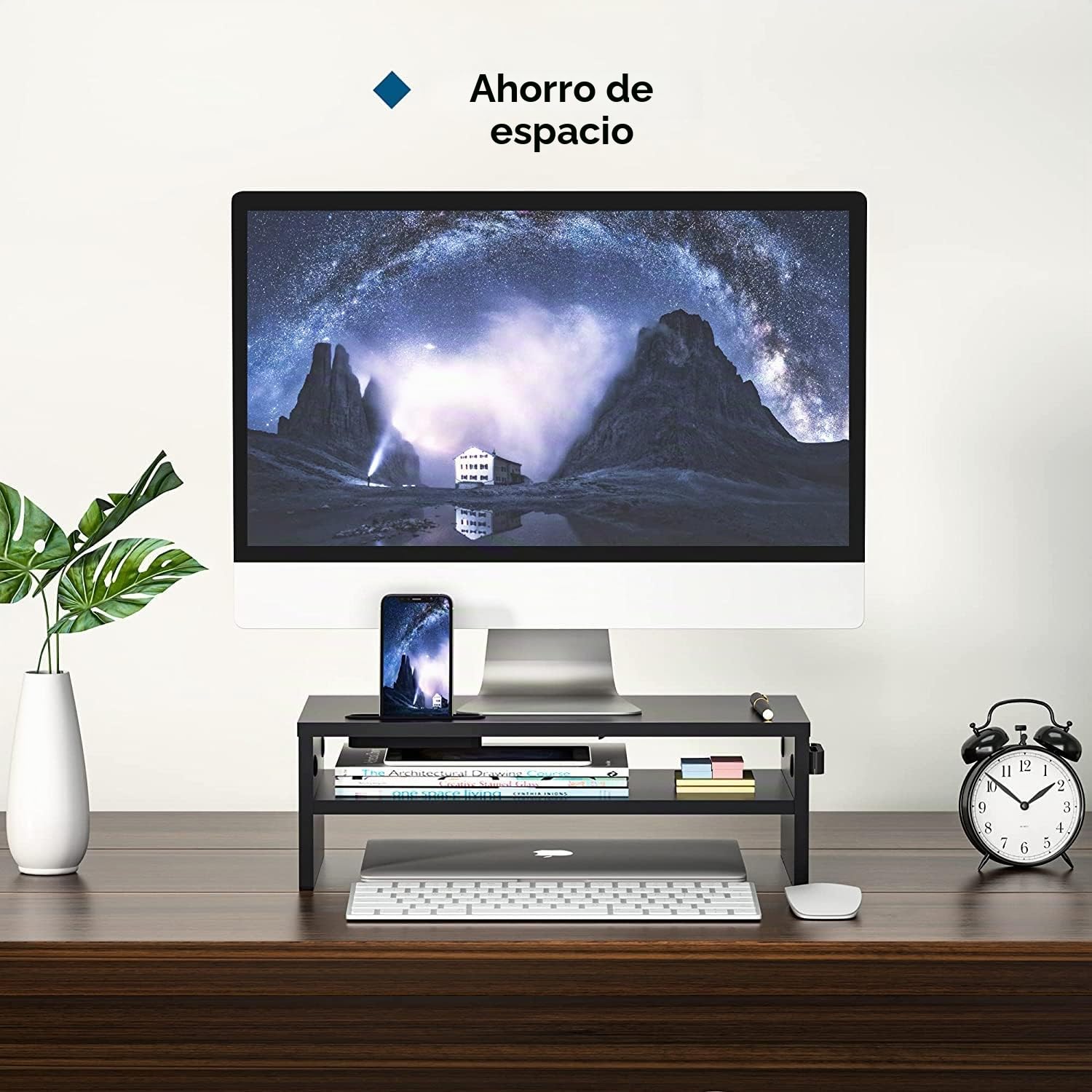 BONTEC Elevador Monitor Escritorio Madera, Soporte 2 Niveles Gestión Cables Ranura Móvil, 30 kg, Negro 420x235x142mm