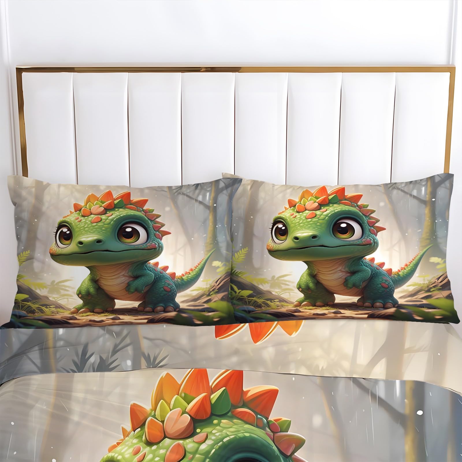Zielony dinozaur Edredon poszewka 220 x 240 cm, zestaw pościeli roślin, 3-częściowy zestaw z miękkiej i oddychającej mikrofibry, 2 poszewki na poduszki 50 x 75 cm AN101