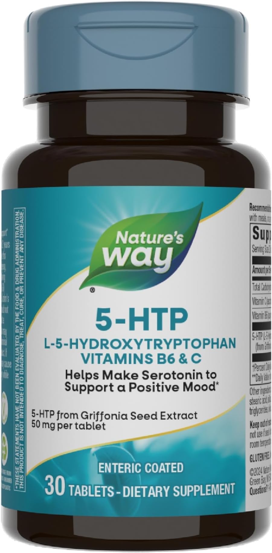 Nature’s Way 5-HTP - Supports Positive Outlook - 50 mg 5-HTP from Griffonia Bean Extract Per Tablet - Precursor to Serotonin - Gluten Free - 30 Vegan Tablets (Pack of 1)