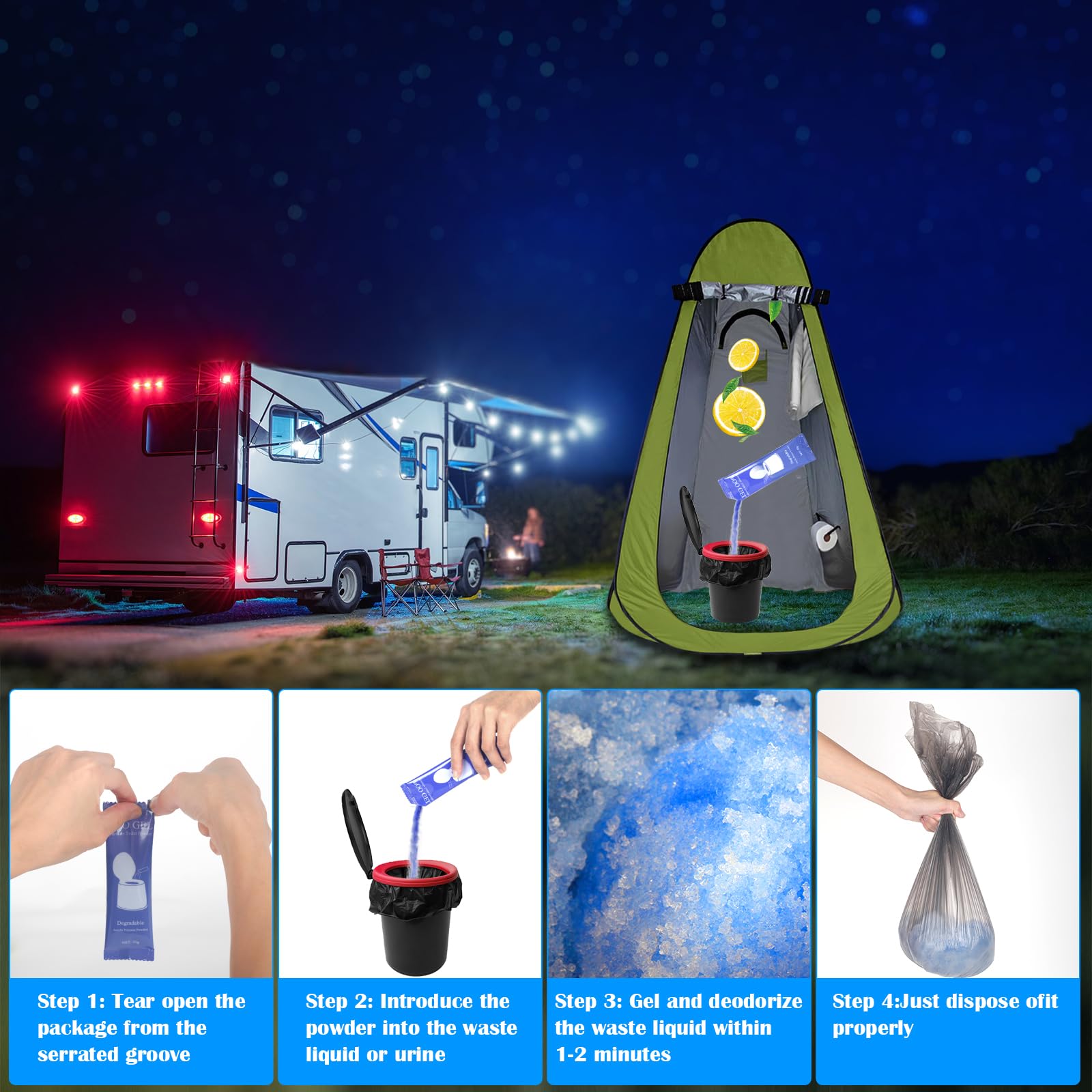 30 Pcs Portable Toilet Gel, 15g/Pack, Quick Super Absorbent, ECO-Friendly Poo Gel