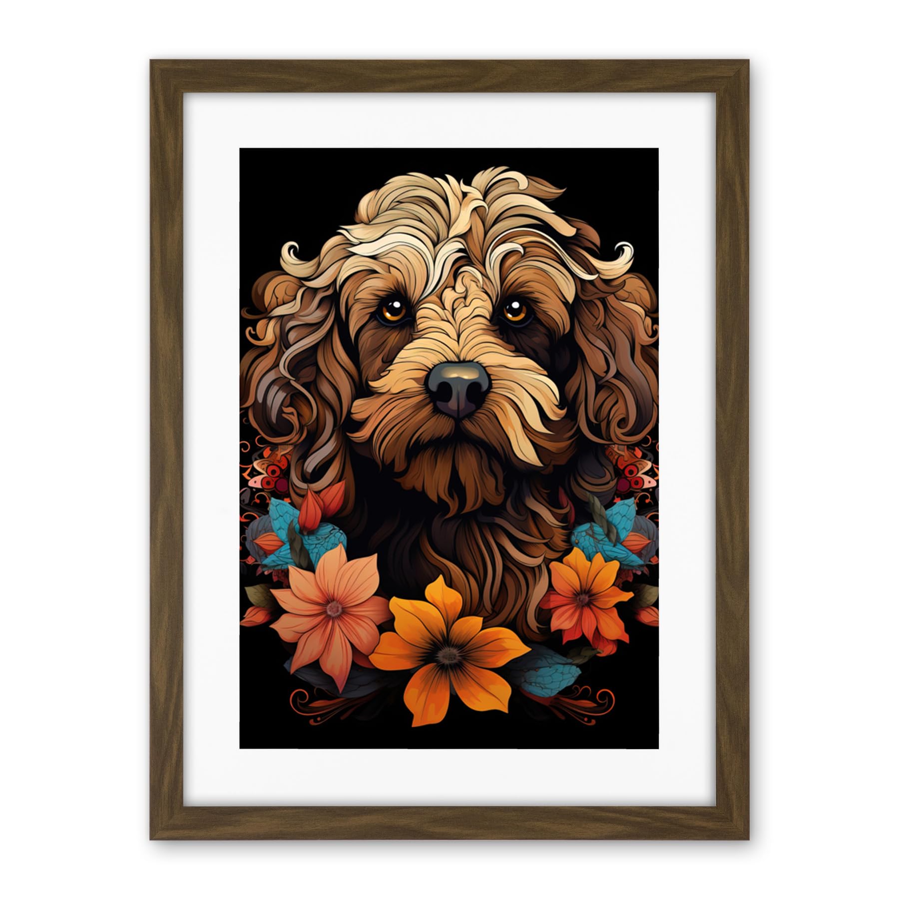 Artery8 Cockapoo Dog with Flowers Artwork Orange Brown Blue Floral Art Nouveau Portrait on Black Artwork Framed Wall Art Print 18X24 Inch