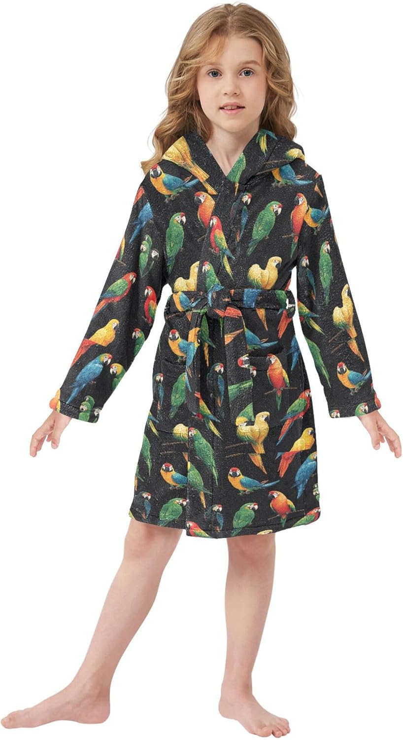 Colorful Parrots Birds Bathrobe Hooded PJ Robe Plush Fleece Robe Pajama Sleepwear 2-12 Years