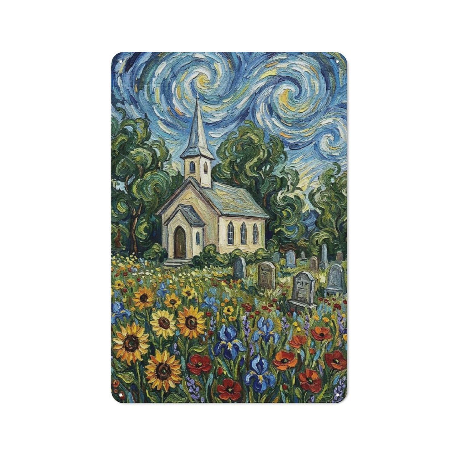 Junmoney Style-7 Tin Wall Plaque 30X20cm With Church And Cemetery In Floral Field For Hobby Room Or Studio, For Kitchen, Dining Room And Home Bar Wall Decor