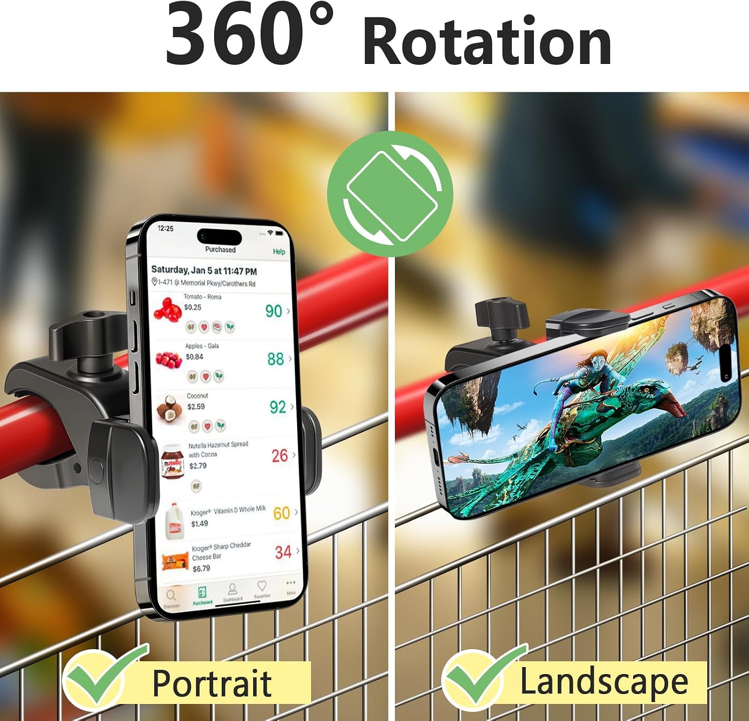 Kevenal Stroller Phone Holder - Shopping Cart Phone Holder - Stroller Phone Mount with Clamp, Non-Slip 360 Degree Shopping Cart Phone Mount, Stroller Mount for Baby, Fit for All Phone Types, Black