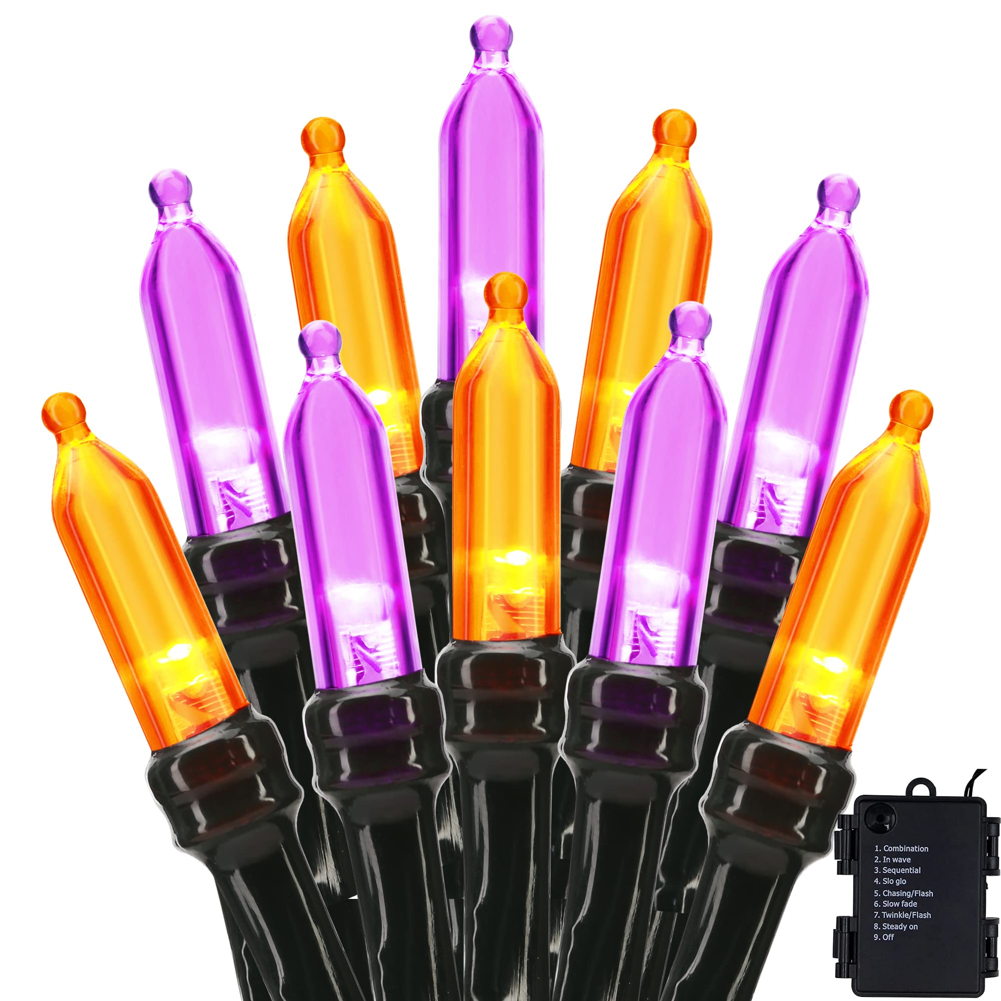BrizLabs Orange Purple Halloween Lights, 33ft 100 LED Battery Halloween Lights, 8 Modes Orange Purple String Lights with Timer, Indoor Outdoor Mini Lights String for Halloween Bedroom Patio Decor