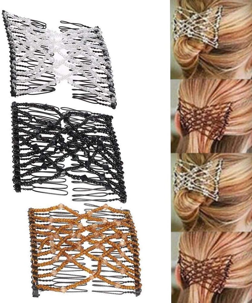 Gofypel Vintage Bead Stretchy Double Hair Clips with Crystals and Pearls - Women's Hair Jewelry for Styling and Decorative Accessories (3pcs)