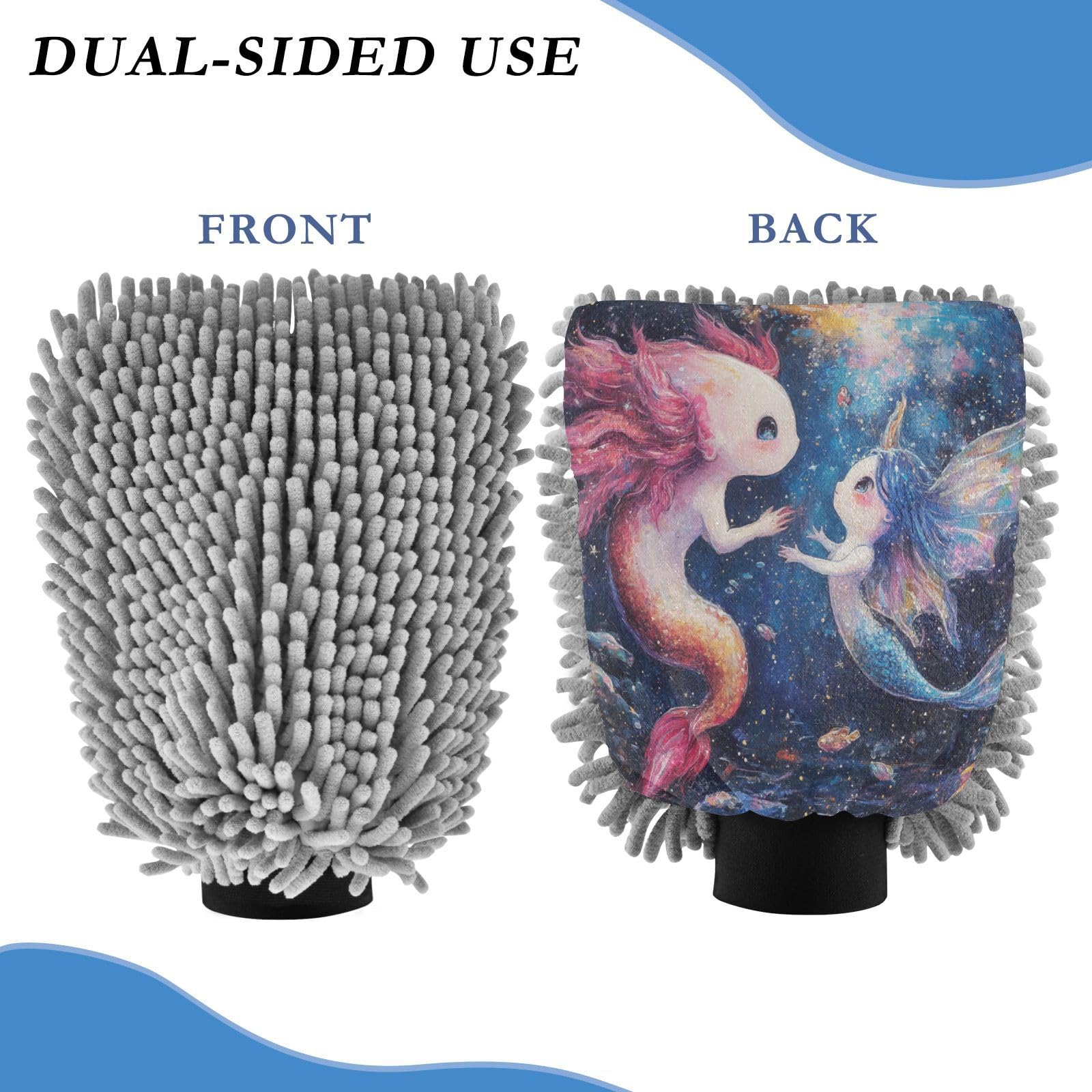 ALAZA Axolotl and Mermaid Romantic Car Wash Mitt Scratch Free, 2 Pack Absorbent Microfiber/Chenille Washing & Drying Mitts, M
