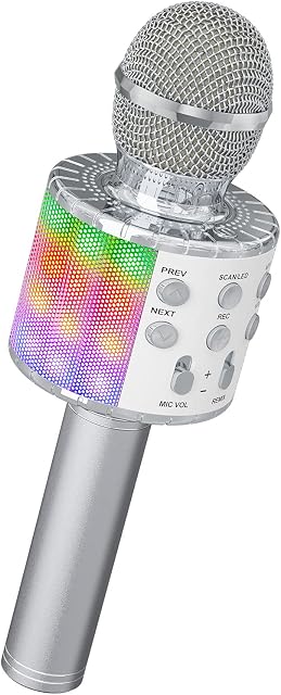 Ankuka Karaoke Wireless Microphone, Bluetooth Dancing LED Lights Handheld Portable Speaker Karaoke Machine, Home KTV Player with Record Function, Compatible with Android & iOS Devices, Silver