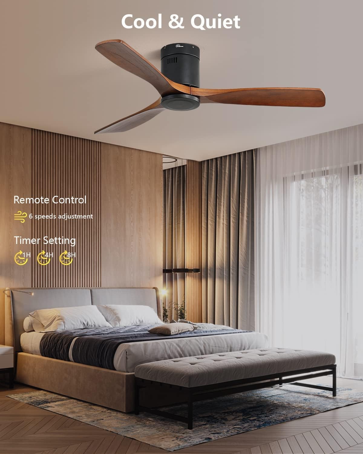 Sofucor Ceiling Fan No Light, 52 Inch Flush Mount Ceiling Fan With Remote Control, Indoor/Outdoor Ceiling Fans Without Lights, Reversible DC Motor, 3 Blade Solid Wood Ceiling Fans for Bedroom Patio - Image 5