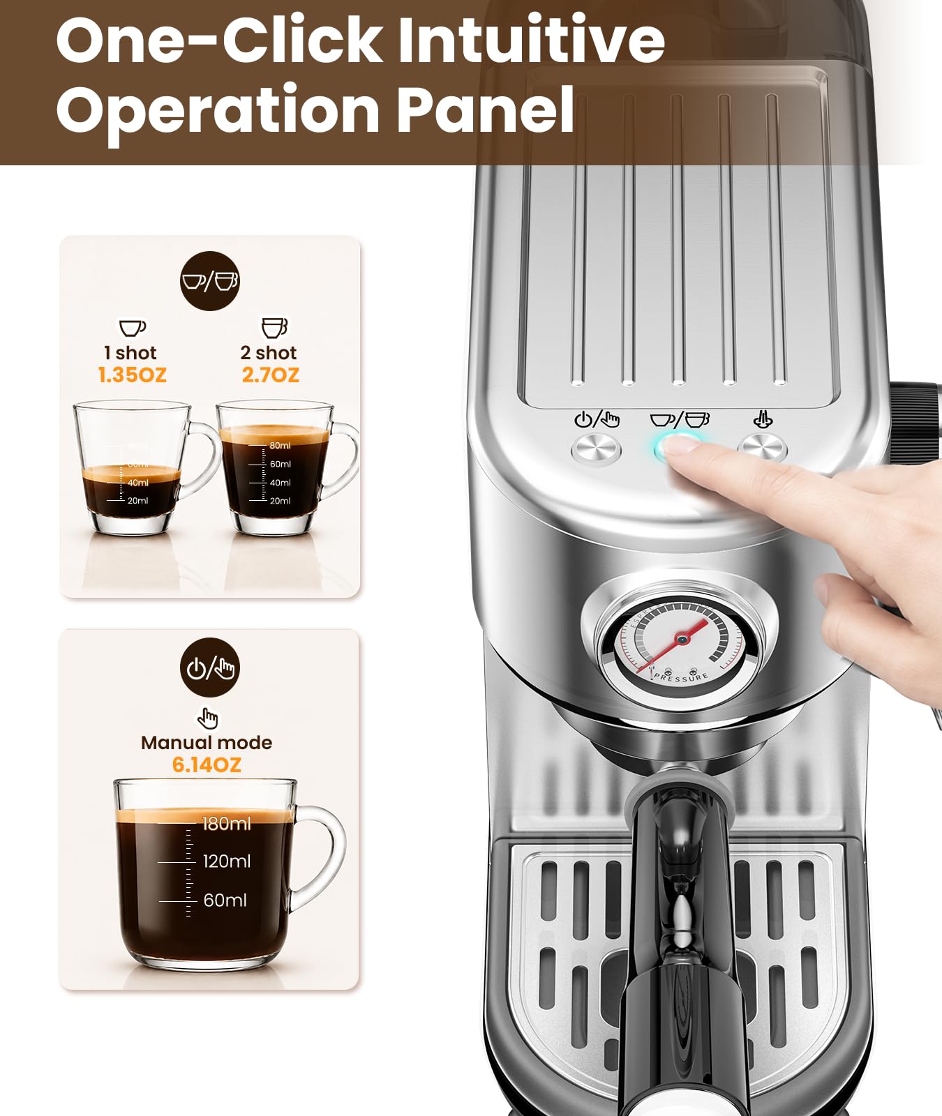 atatix Espresso Machine with Milk Frother, 20 Bar Pressure Espresso Maker | with 44OZ Removable Tank, Compact Stainless Steel Coffee Machine for Home, Office, Latte, Cappuccino, Macchiato, Silver