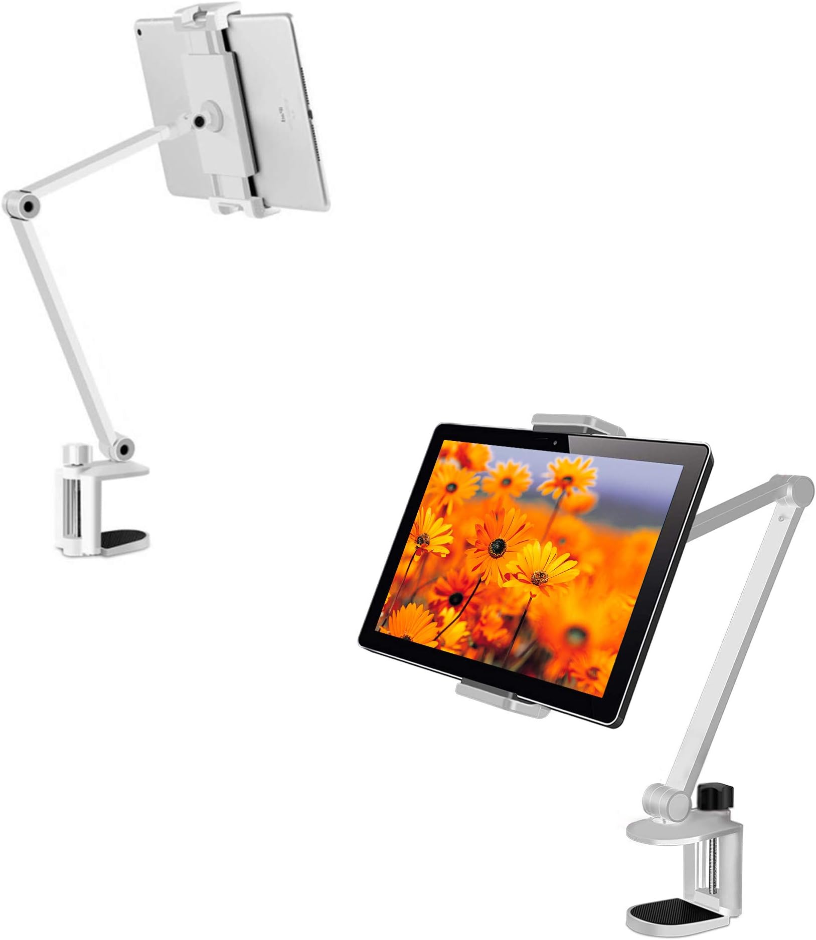 Aluminum Long Arm Tablet Stand Mount Compatible with iPhone/iPad/iPad Mini/iPad Pro 12.9" Any Phone/Tablets 4-13 inch,360° Swivel with Bracket Cradle for Home, Office,Kitchen and Bed -White (White)