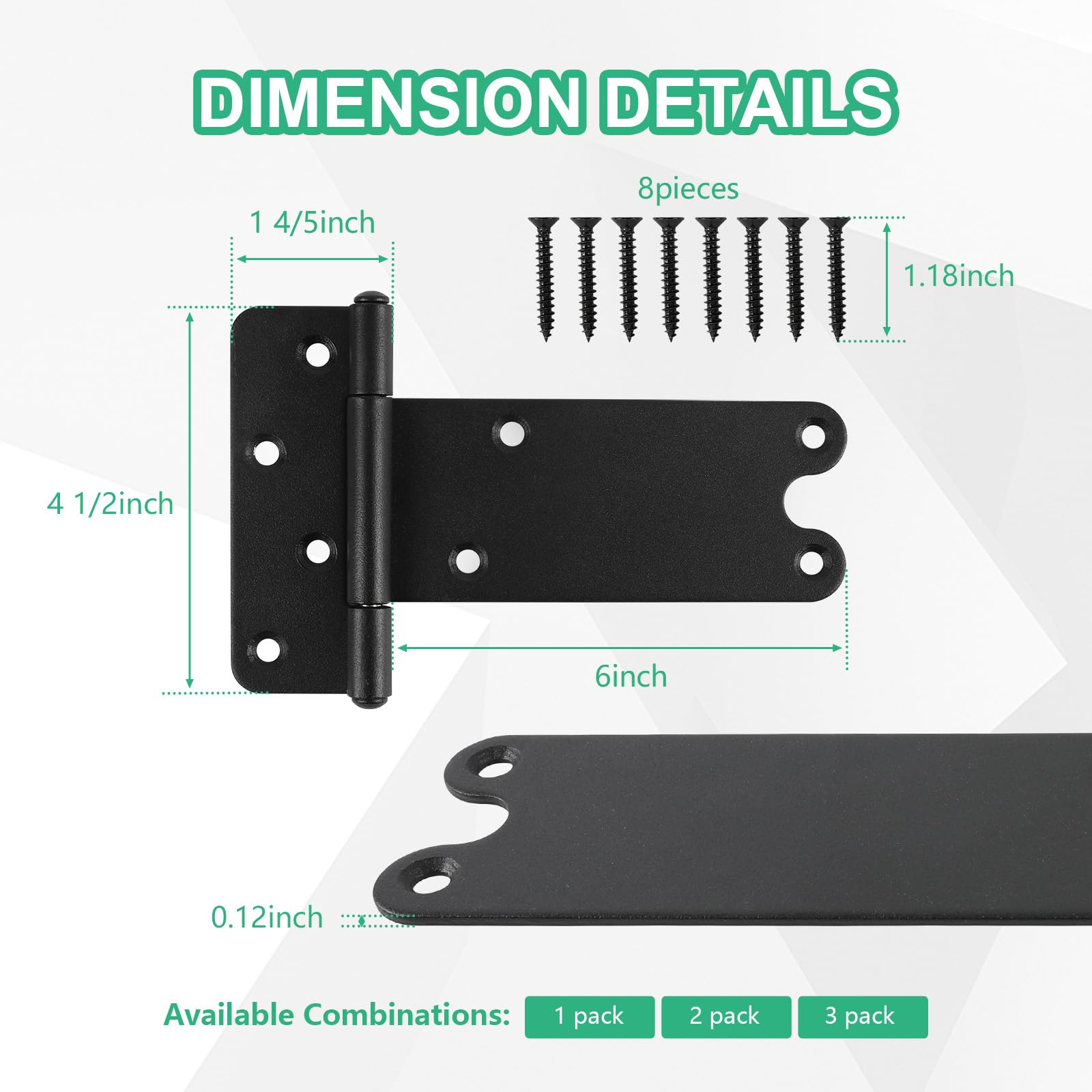 Bisagras de puerta de cobertizo, bisagra en T resistente, bisagras de puerta en T, bisagras de correa de puerta, accesorios para vallas de madera, puerta de granero, puertas de cobertizo, negro