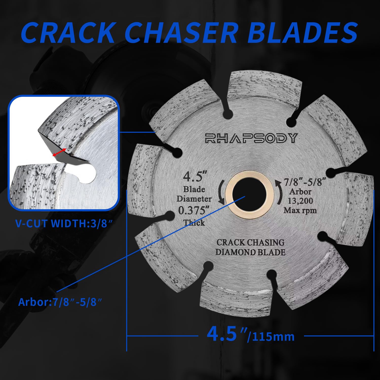 RHAPSODY Cuchillas de diamante de 4.5 pulgadas para enrutar y reparar grietas en hormigón y asfalto, 3/8 pulgadas de ancho con eje de 7/8 a 5/8 pulgadas