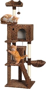 PawHut Cat Tree, 63 Inch Multi-Level Large Cat Tower with Sisal Scratching Posts, Condos, Plush Perches, Hammock, Ladder, Dangling Balls, for Indoor Kittens, Leopard Print