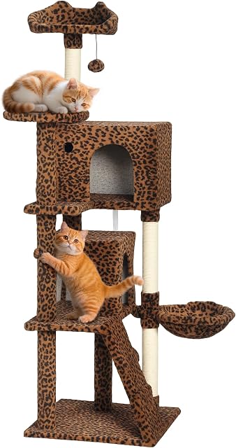 PawHut Cat Tree, 63 Inch Multi-Level Large Cat Tower with Sisal Scratching Posts, Condos, Plush Perches, Hammock, Ladder, Dangling Balls, for Indoor Kittens, Leopard Print