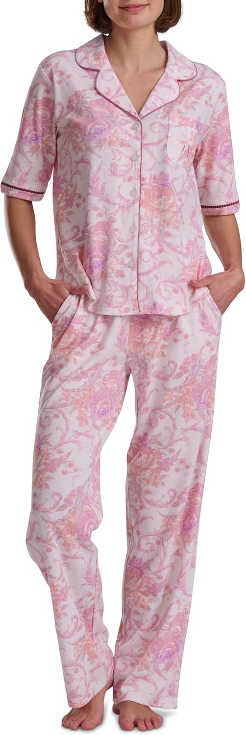 Karen Neuburger Women's Button Up Notch Collar Elbow Sleeve Top and Pant Bottom with Lace 2-Piece Pajama Set