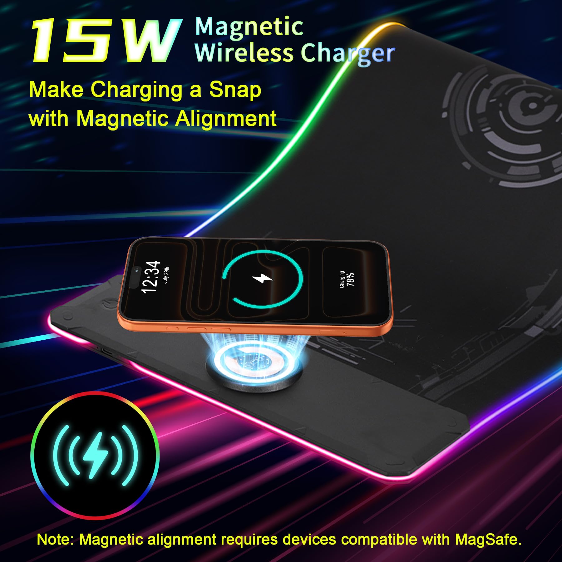 Alfombrilla de mouse grande para juegos con cargador inalámbrico magnético de 15 W, carga rápida, alfombrilla de mouse LED con luz RGB, superficie lisa, base de goma antideslizante, almohadilla para
