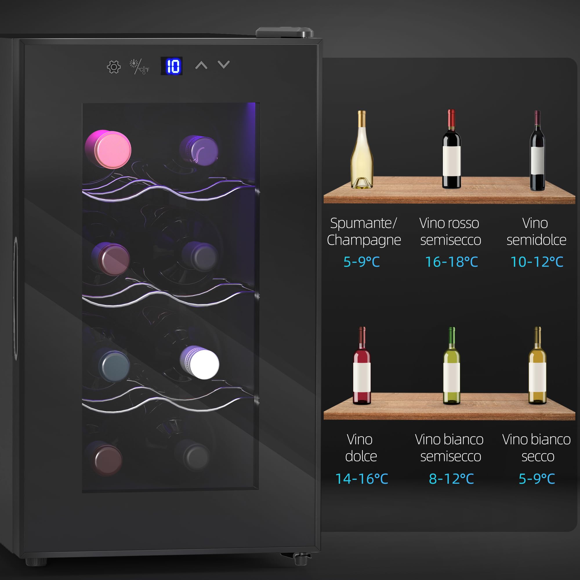 HOMCOM Cantinetta Vino Refrigerata 8 Bottiglie 21L, Cantina Vino Monotemperatura 8-18℃, con Display Touch, Luci LED, Vetro Anti UV, Ripiani Regolabile, Termoelettrico, Classe E, Nero