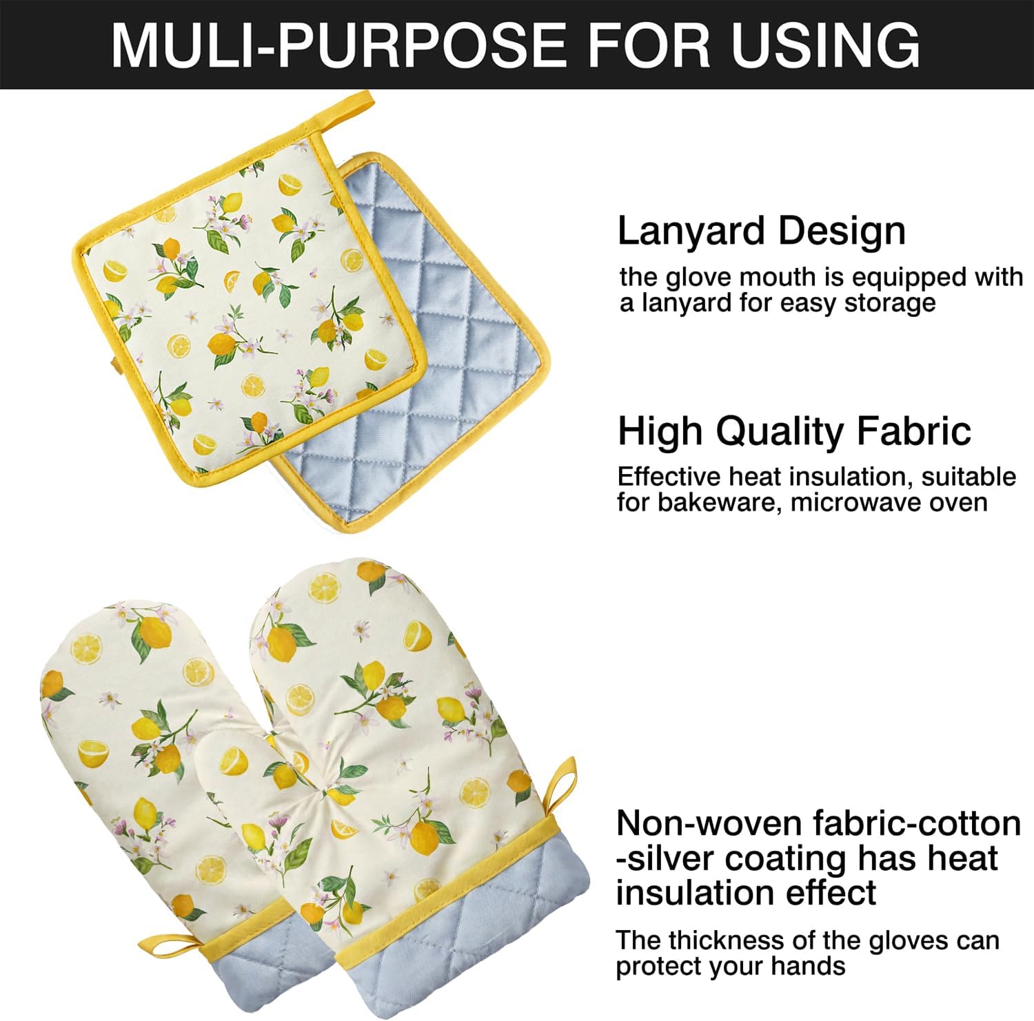 Oven Mitts & Pot Holders 4-Pc Set, Lemon Floral