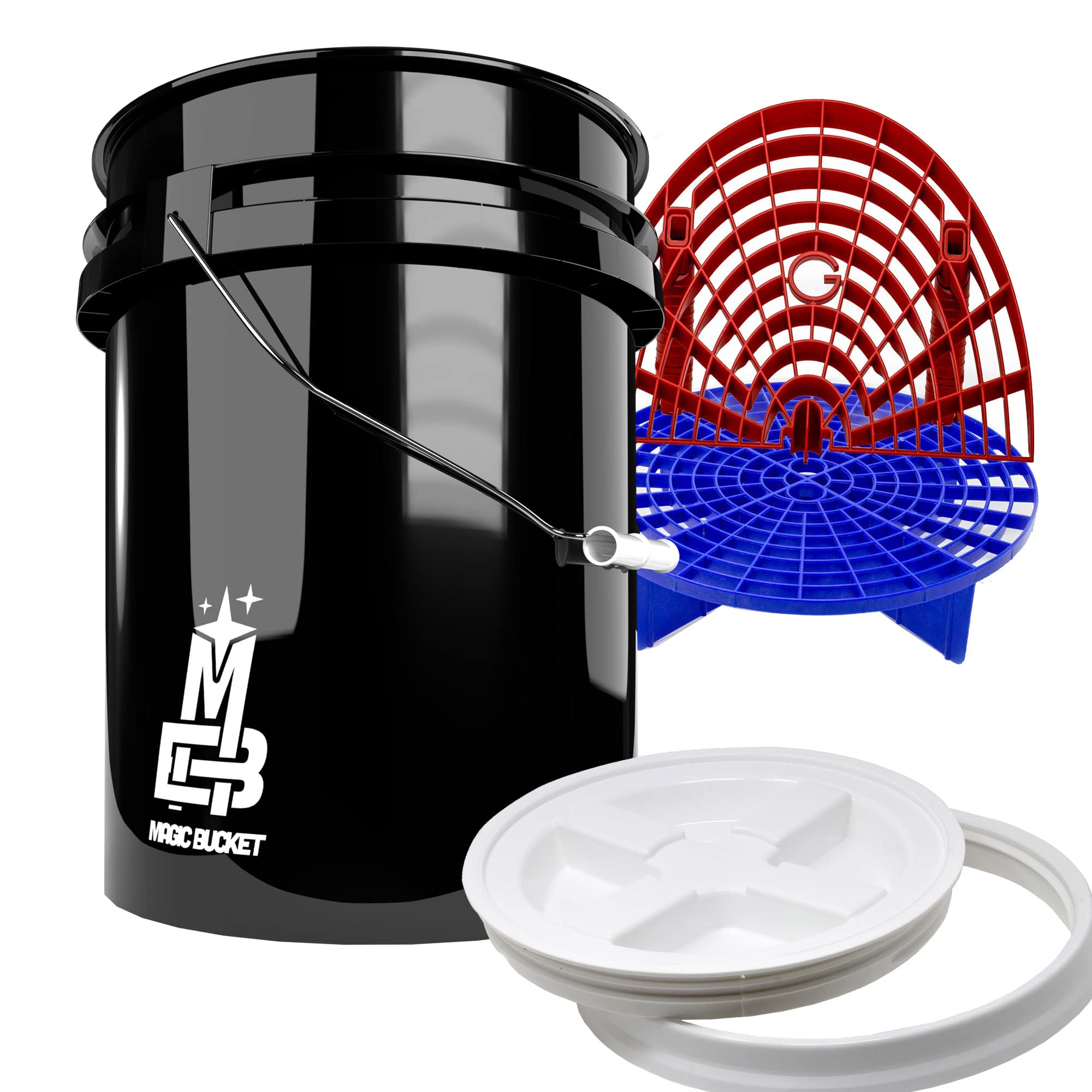 Detailmate professionelles Wasch Eimer Set: Magic Bucket Wascheimer 5 GAL (ca. 20 Liter), Gamma Seal Eimerdeckel weiß, GritGuard Schmutz Einsatz blau, GritGuard Washboard rot