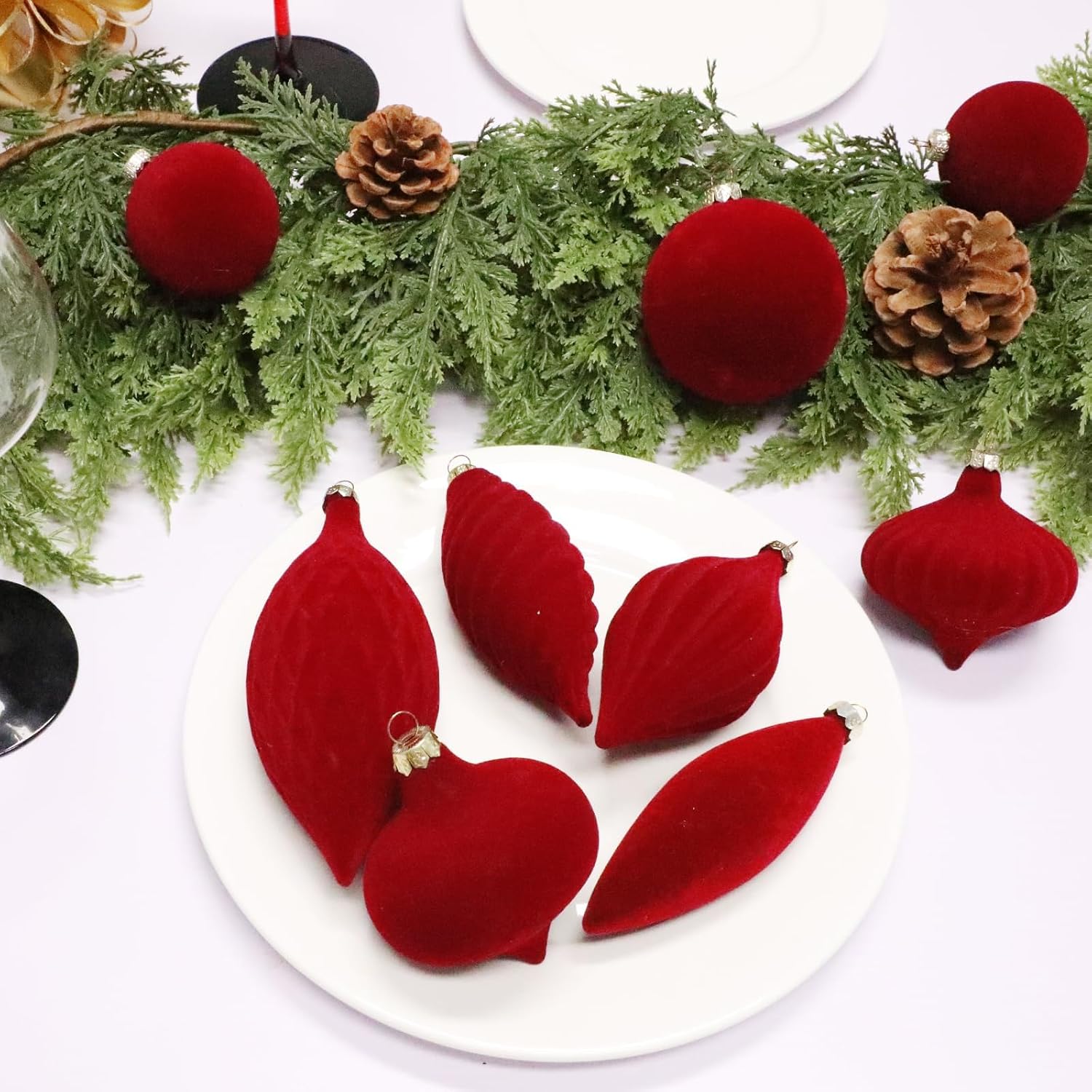 30PCS Burgundy Velvet Christmas Ornaments Various Shapes Flocked Ornaments for Christmas Tree Balls with Hanging Ropes, Shatterproof Plastic Balls Decorations for Holiday Party Indoor Home, Red