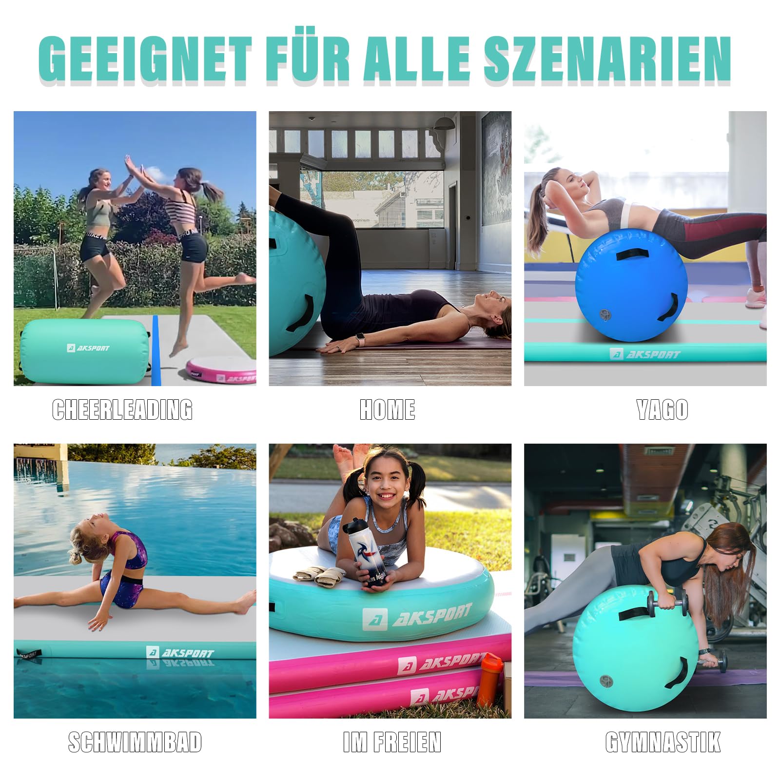 AKSPORT Airtrack mit Air Roll Aufblasbar Gymnastikmatte Turnmatte Air Tracking Matte 3m mit rolle mit Luftpumpe für Hause/Yoga/Cheerleading/Tumbling/Rückwärtsbeugen