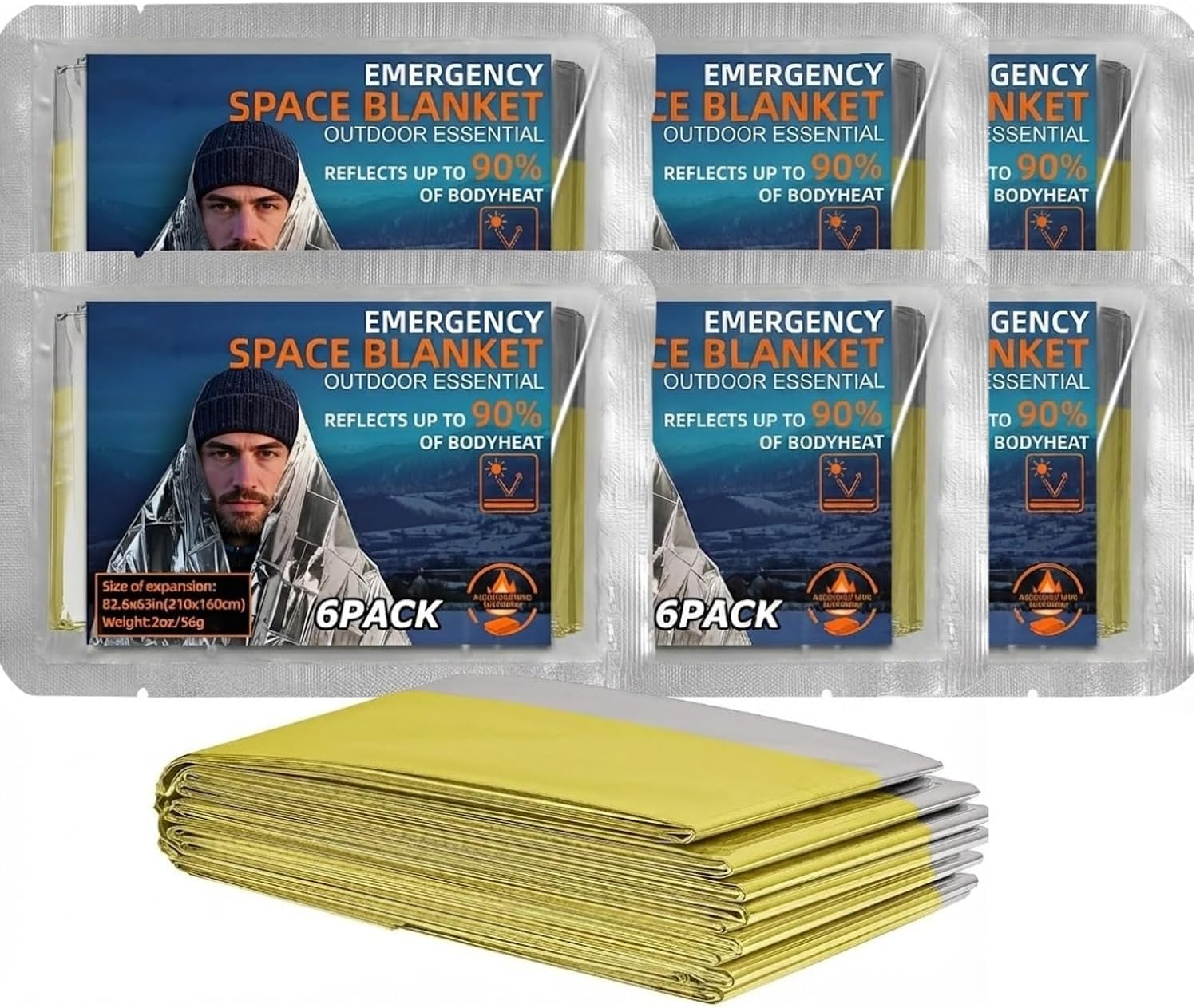 Oture Emergency Space Blankets, 6 Pack Survival Thermal Blanket, Mylar Thermal Survival Blankets Emergency Foil Blanket for Keeping Body Warm, Ourdoor, Hiking, Camping Gear, Travelling (Gold)