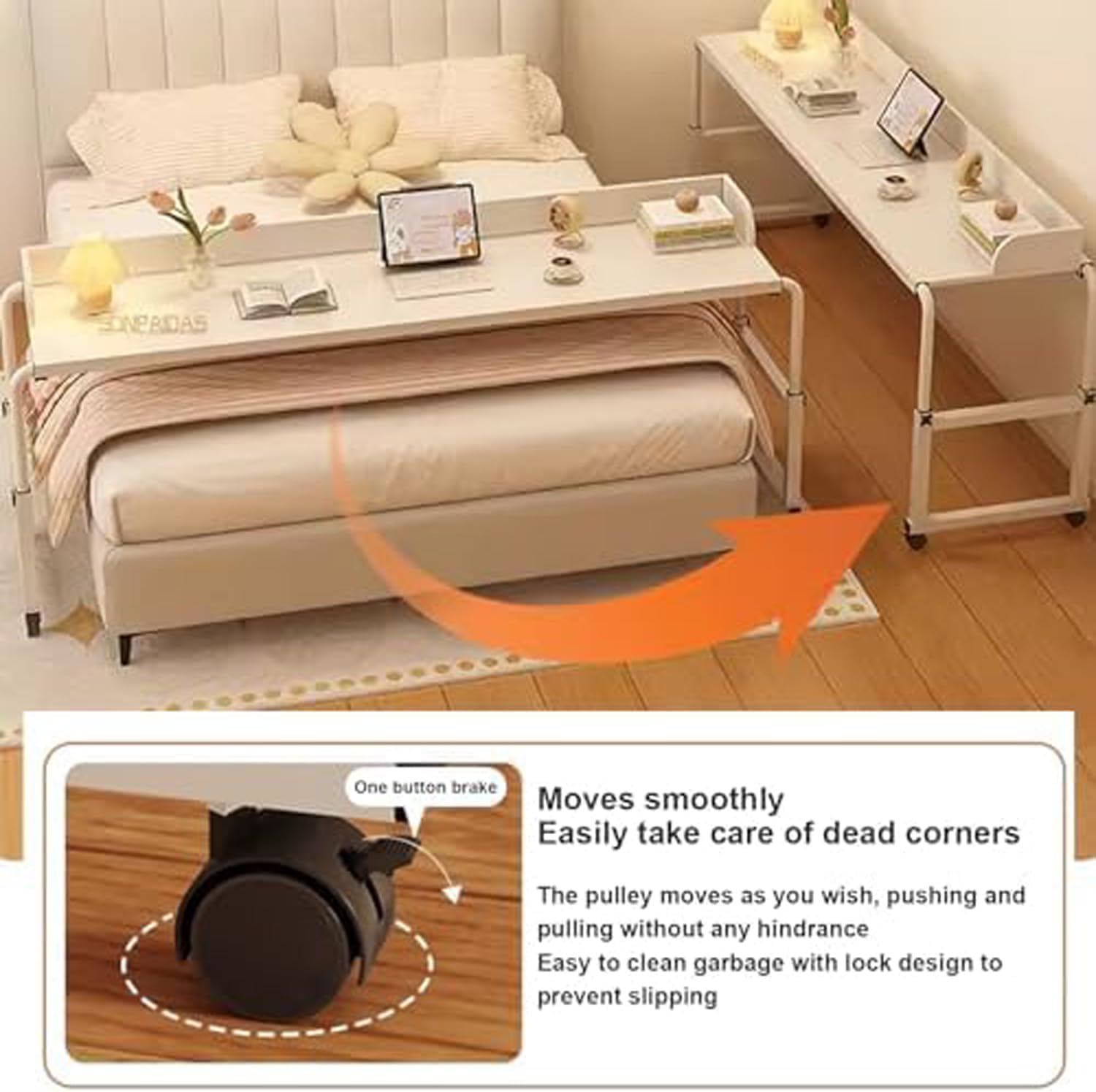 Pull Out Desk，Over Bed Table for Divan Bed Bed Table On Wheels Bed Tables Overbed Tables for Food Foldable Laptop Desk High Adjustable Bed Table(Color:Wood+)