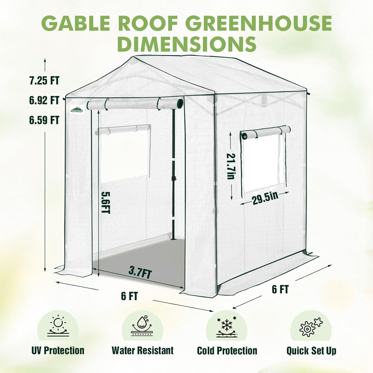 EAGLE PEAK 6x6 Portable Pop Up Greenhouse, Patented Center Lock Easy One Person Setup, Walk-in Outdoor Greenhouse with Gable Roof, Weight Bags, Zippered Doors & Windows, White