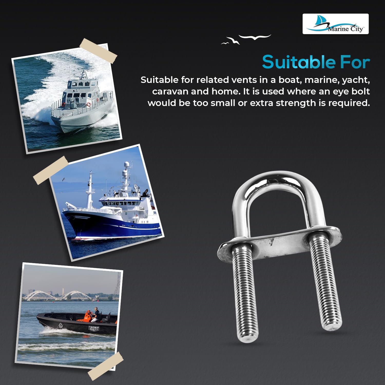 MARINE CITY Welded Plate U-Bolt 316 Stainless Steel with Washer and Nuts, Corrosion Resistant, Heavy Duty Deck Hardware for Boat, Marine, Yacht, RV (Pack of 1)