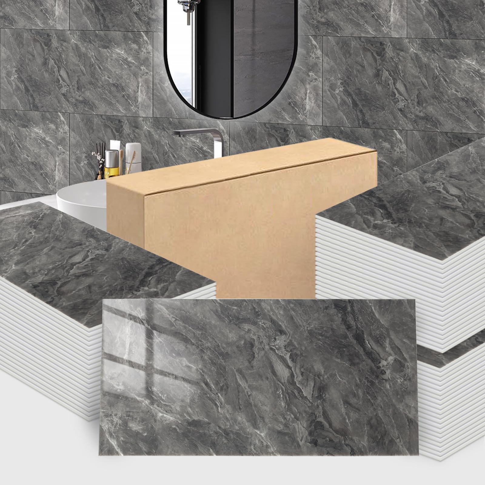 Trafagala 10Pcs Black Grey Marble Tiles 60x30cm Thicken Self Adhesive Wall Tiles Waterproof Peel and Stick on Vinyl Tiles Stickers for Living Room Bedroom Bathroom Kitchen Splashback Panel Covering