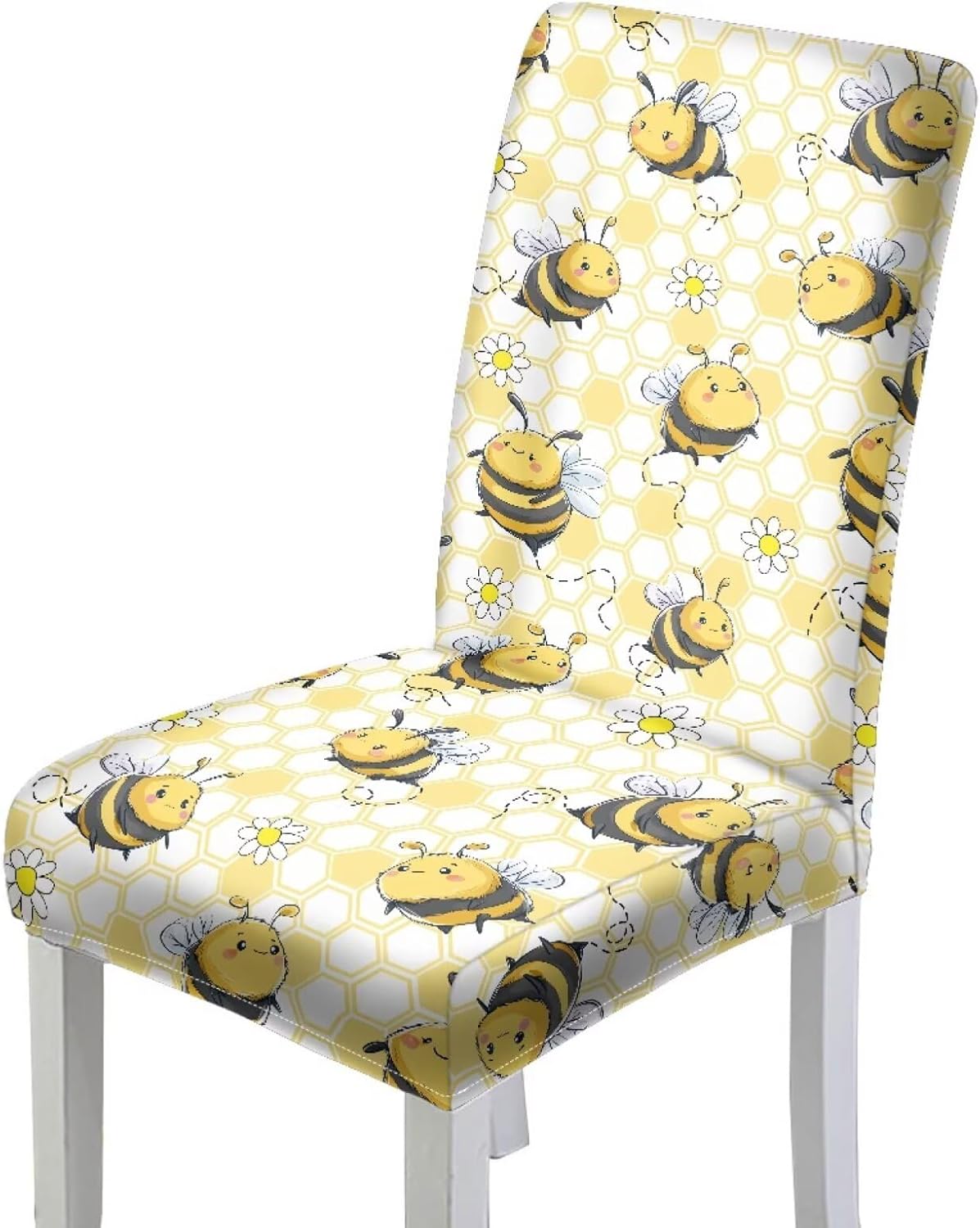 Bee Daisy Pattern Dining Chair Cover Removable Dining Chair Slipcover Elastic Seat Parson Chair Slipcover Home Decor for Kitchen,Wedding,Party-4 Pcs
