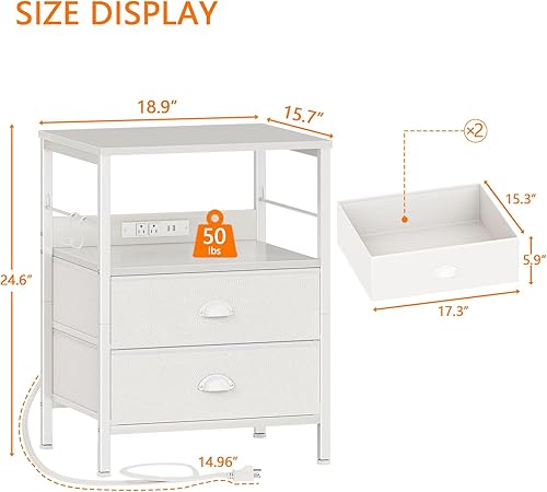 Miniatura 17 de Furologee Mesa auxiliar con estación de carga, mesita de noche con cajones de tela, mesas auxiliares con puertos USB y tomacorrientes, mesita de