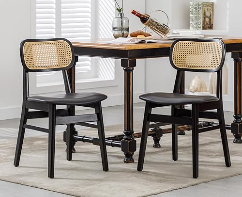 Vista 8 de EALSON Juego de 2 sillas de comedor de ratán, tapizadas de cuero, sillas de cocina de madera modernas de mediados de siglo, sillas laterales sin