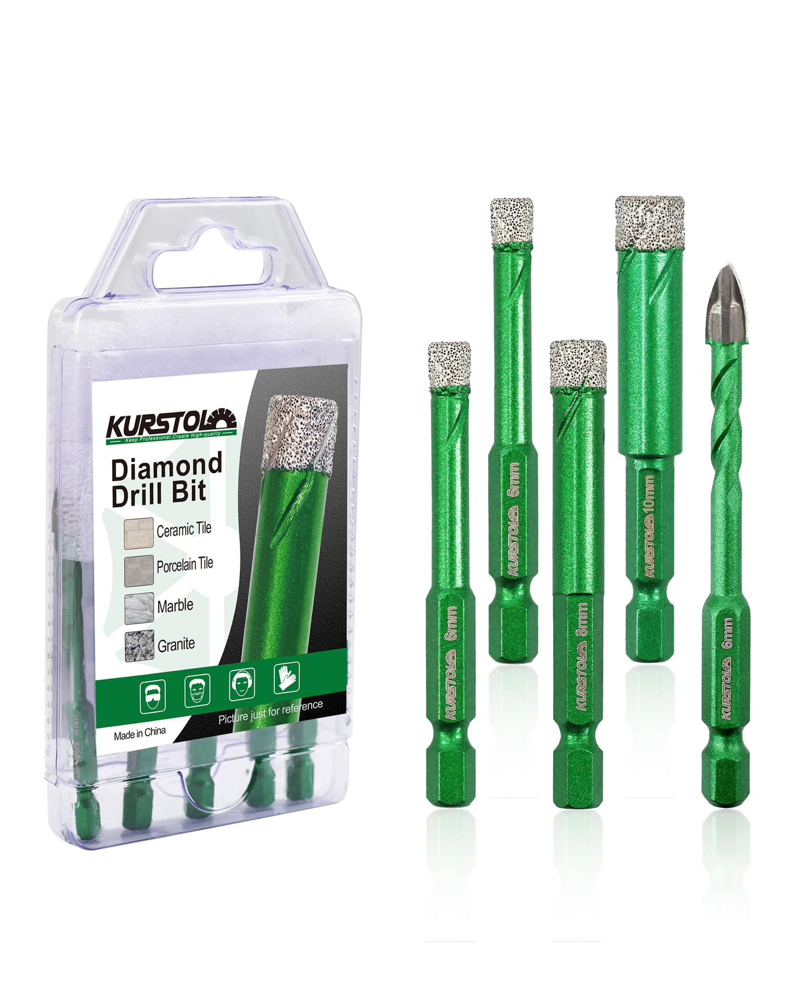 Diamond Drill Bits Set - KURSTOL 6/6/8/10mm+6mm Tile Drill Bit for Porcelain Tile Ceramic Granite Marble Stone, Quick-fit Hex Shank