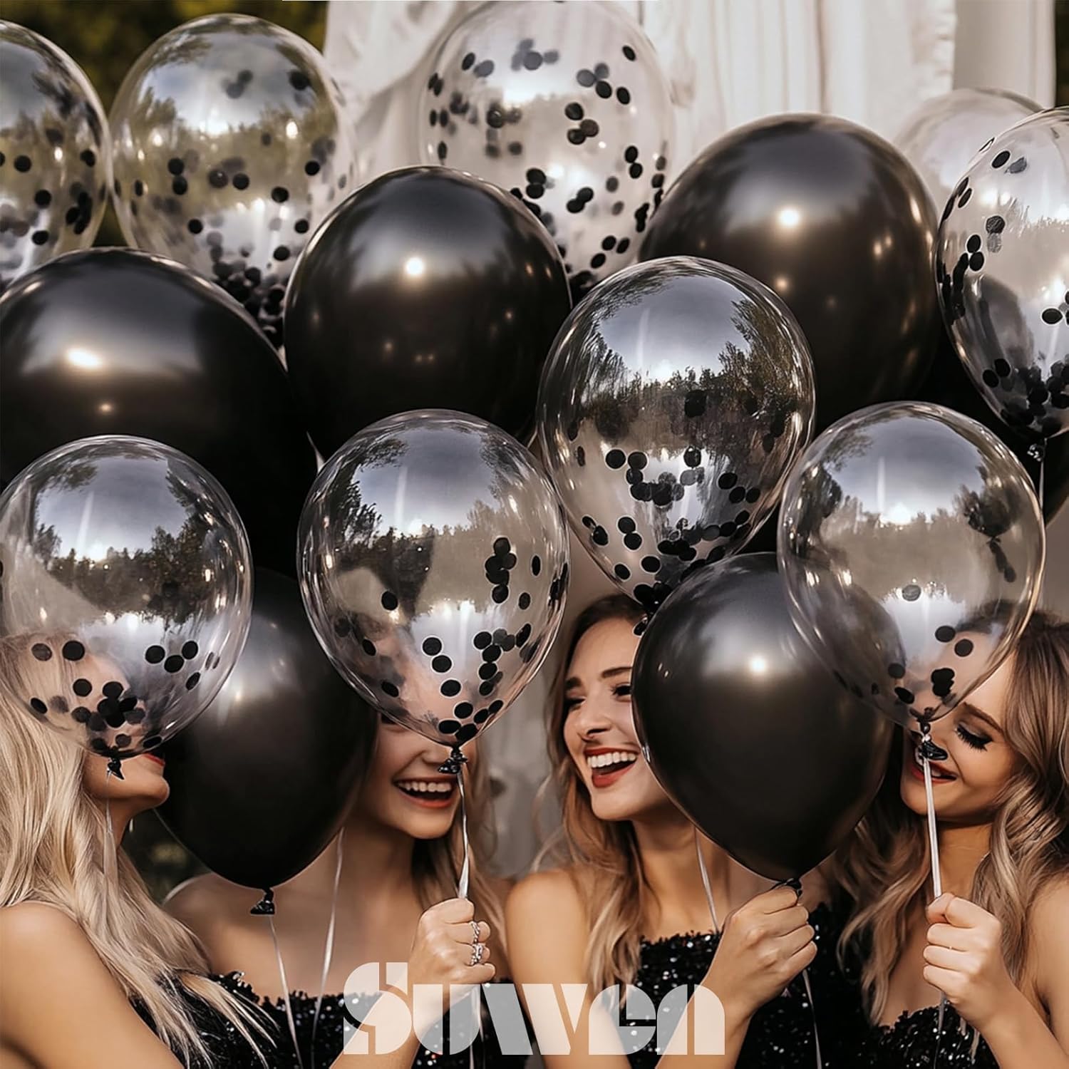 SUWEN Black Metallic Balloons and Confetti Balloons Set 47PCS Latex Helium Chrome Black Balloon for Birthday Graduation Anniversary Party Decorations - Image 4