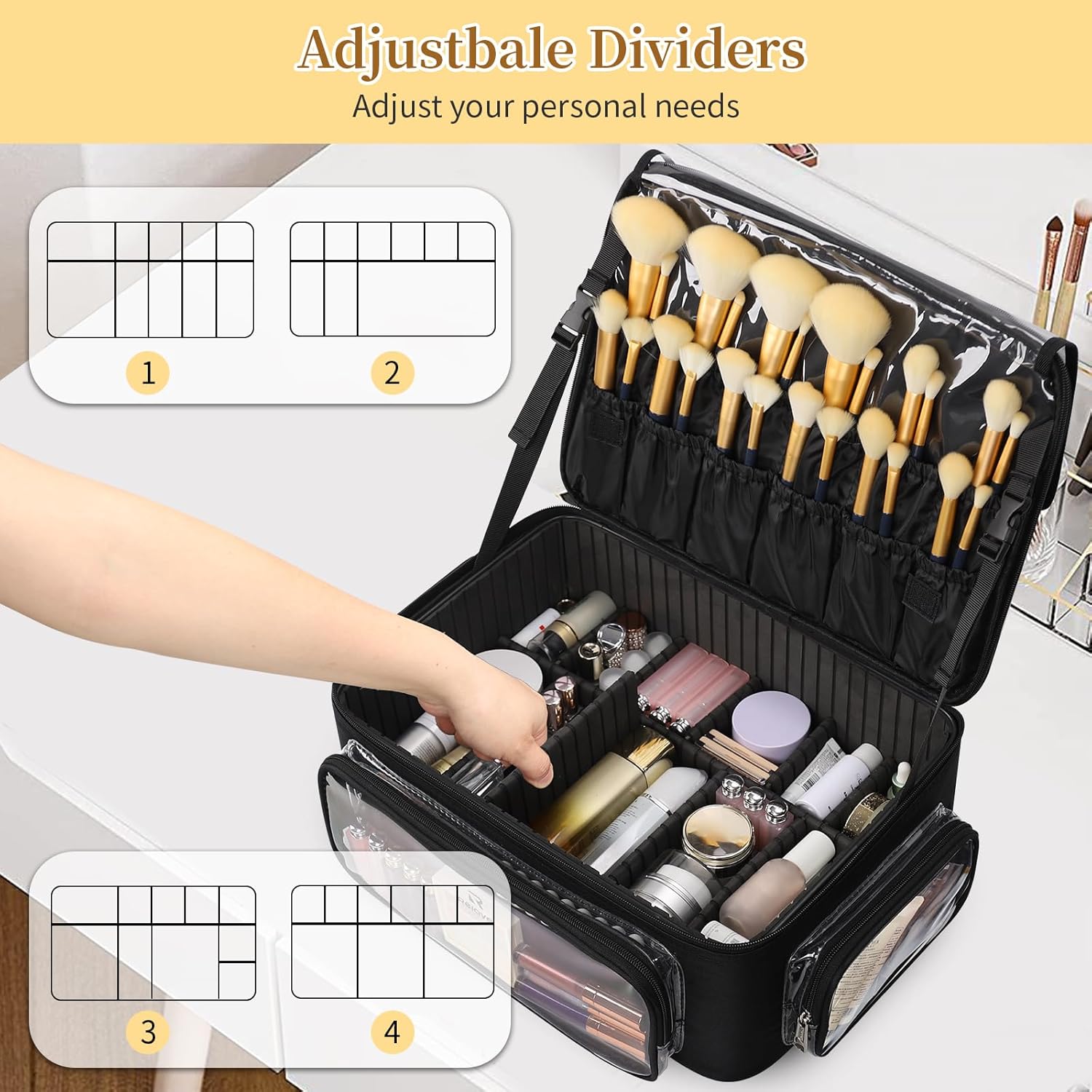 Bagmoly Large Makeup Case Cosmetic Organizer Box Brush Holder, Travel Makeup Train Case with 3 Clear Bags, Professional Makeup Artist Bag Cosmetic Case with Adjustable Dividers and Shoulder Strap - Image 2