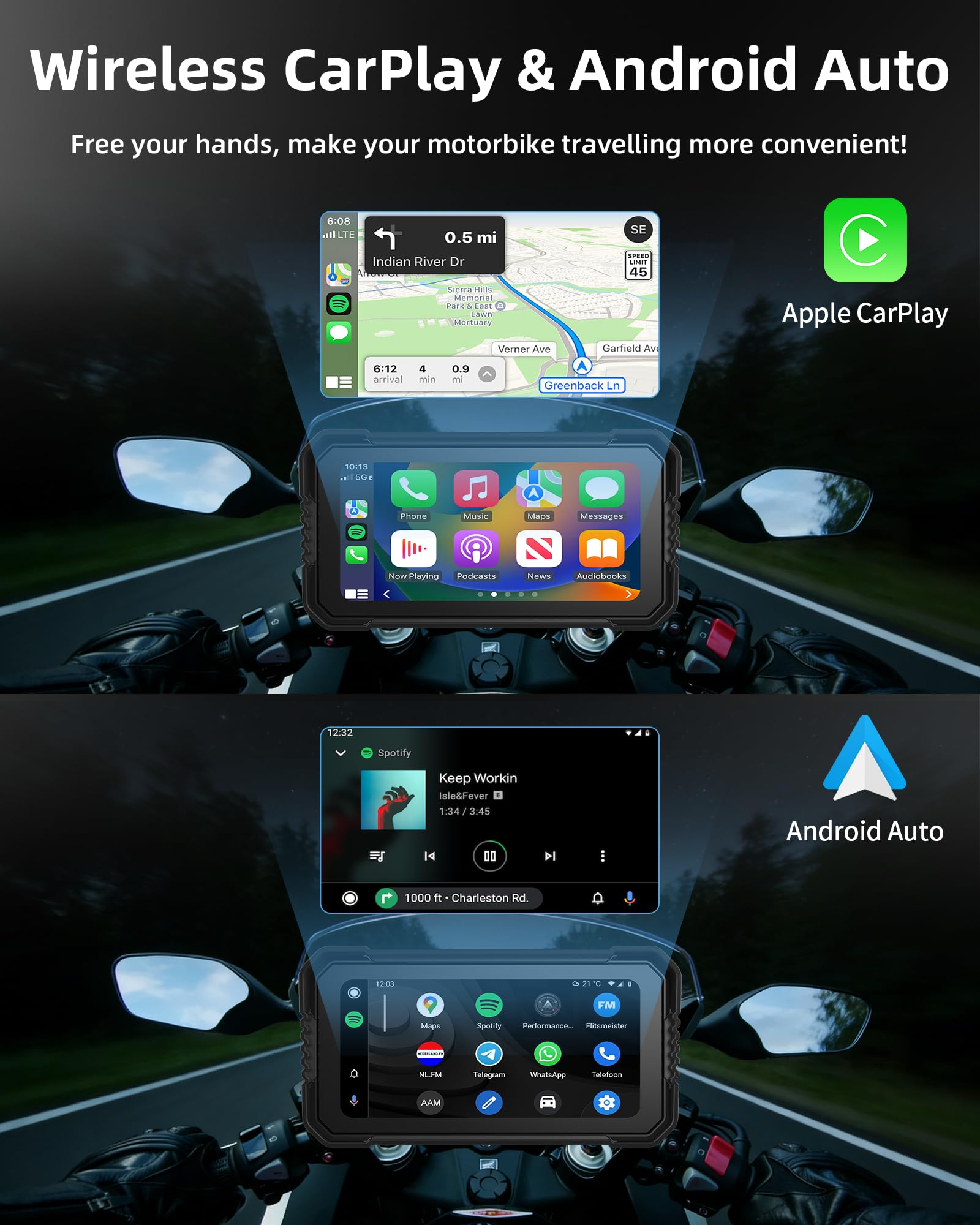 Jansite 6,25 pollici Carplay Moto con TPMS, Schermo Moto Compatibile CarPlay & Android Auto Impermeabile IP67 Navigatore GPS con Bluetooth Assistente vocale