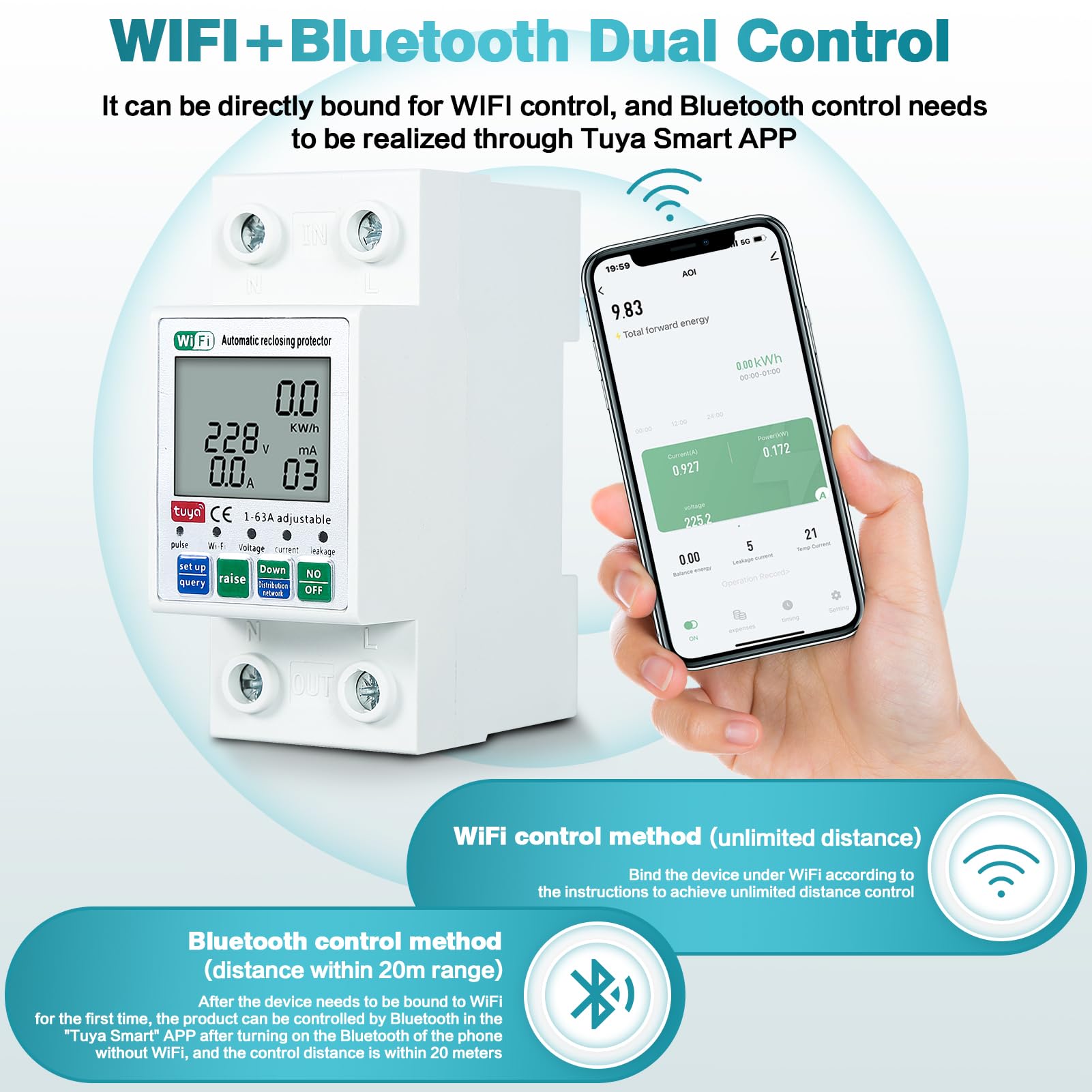 Jadeshay Disjoncteur WiFi Intelligent Interrupteur Connecté, Protecteur de Réenclenchement Intelligent Tuya WiFi Commutateur avec Protection Contre Les Surtensions et Les sous-Tensions