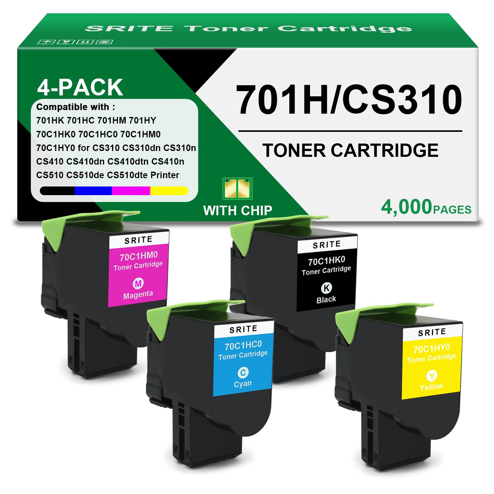 SRITE High Yield CS310 701H Toner Cartridge Compatible for Lexmark CS310dn | CS310n CS410 CS410n CS510 CS510de Laser Printer for 70C1HK0 70C1HC0 70C1HY0 70C1HM0 Toner,4-Pack