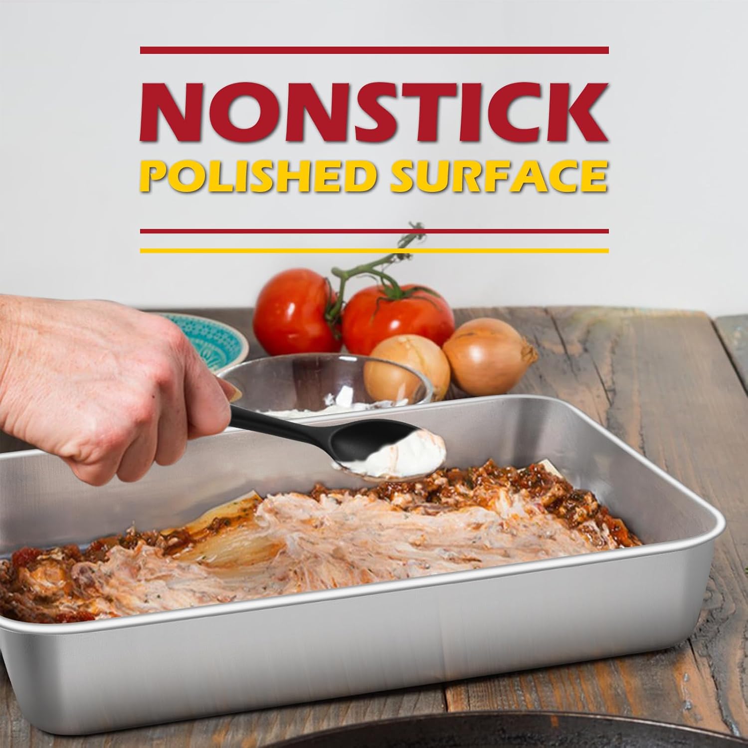 Leonyo 2 Pack Stainless Steel Lasagna Pan, 9.3 x 7 Inch Bakeware Cake Pan for Baking, Rectangle Baking Trays Sheet for Commercial Kitchen, Focaccia Bread, Casserole Dish - 2 Inch Deep - Image 4