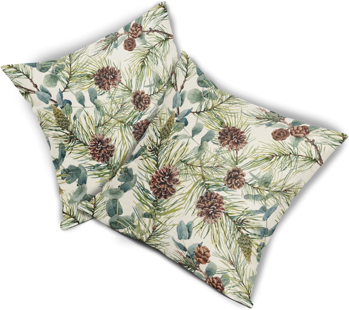 Winter Floral Pillow Covers 24x24 Inch Set of 2 , Green Watercolor Flower Leaf Print Rustic Themed Christmas Decorative Throw Pillow Cases Outdoor Cushion Cover Holiday Farmhouse Sofa Couch Bed Decor