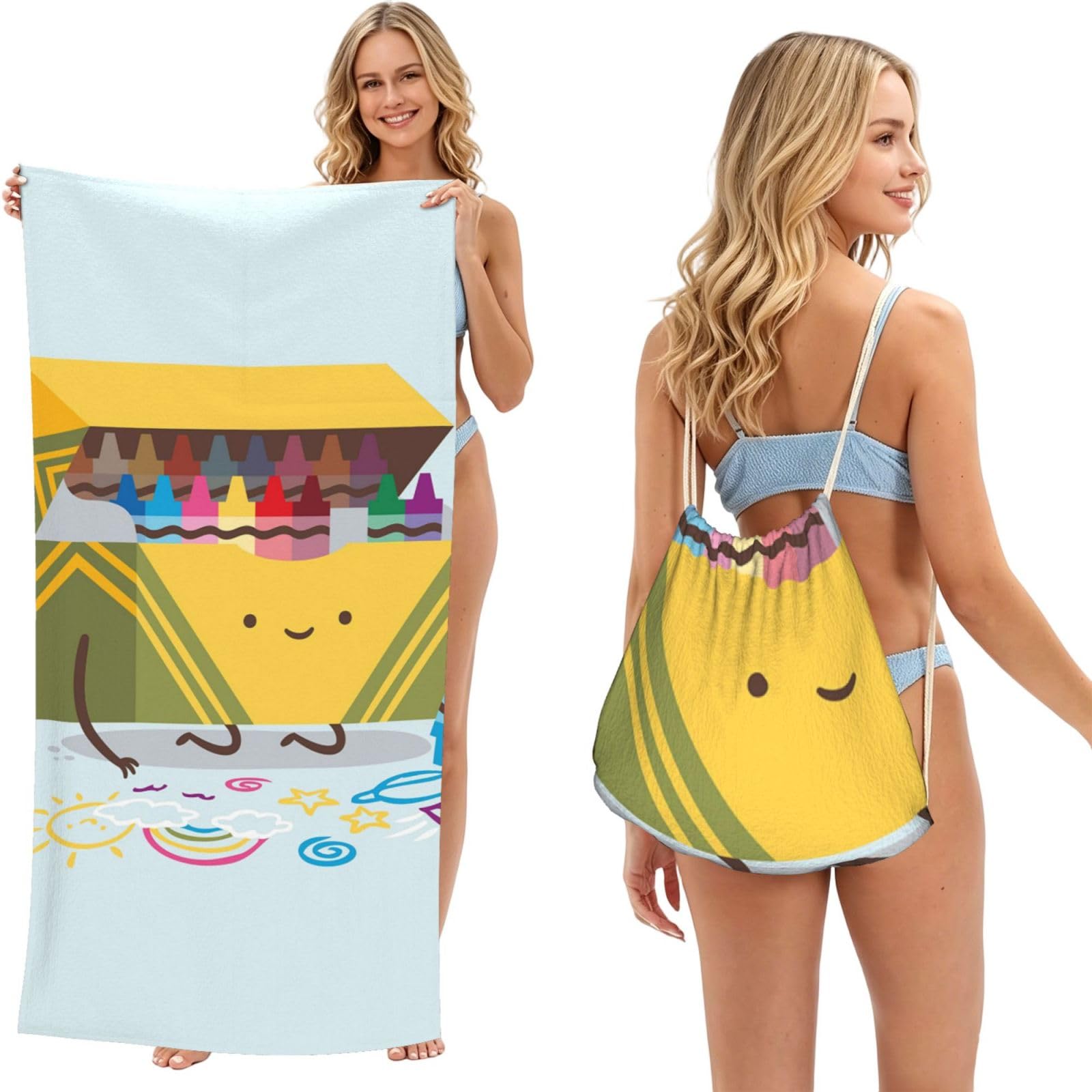 WSHFFILO Cute Crayons Box printed 2 in 1 Packable Towel Bag Bath Towel Beach Towel