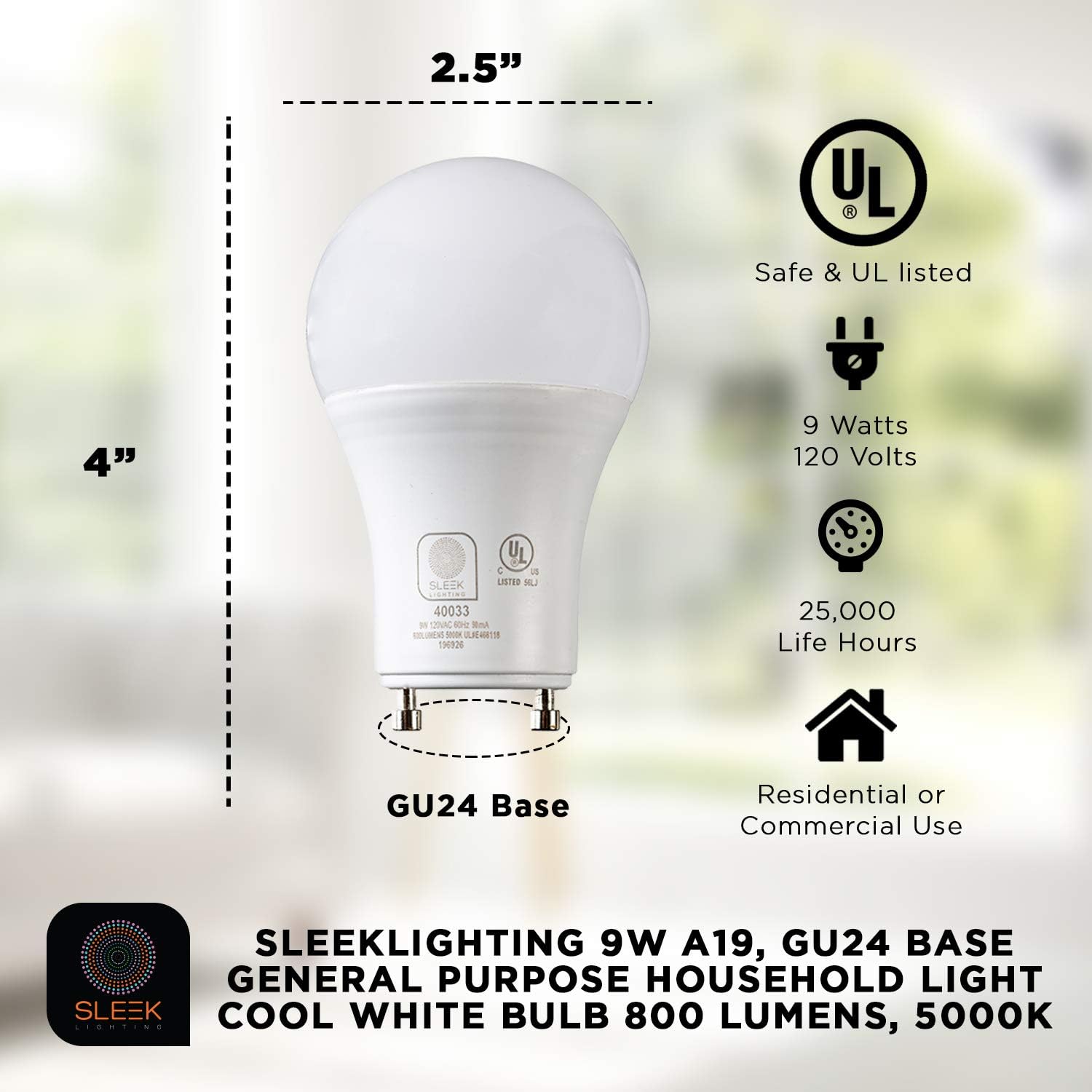 SLEEKLIGHTING GU24 LED Light Bulb, 2 Prong Light Bulb - Dimmable,9 WATT, Twist Lock Base, Replacing CFL Ceiling Lights, 5000K Daylight White, 240 Degree, UL Listed - 4 Pack