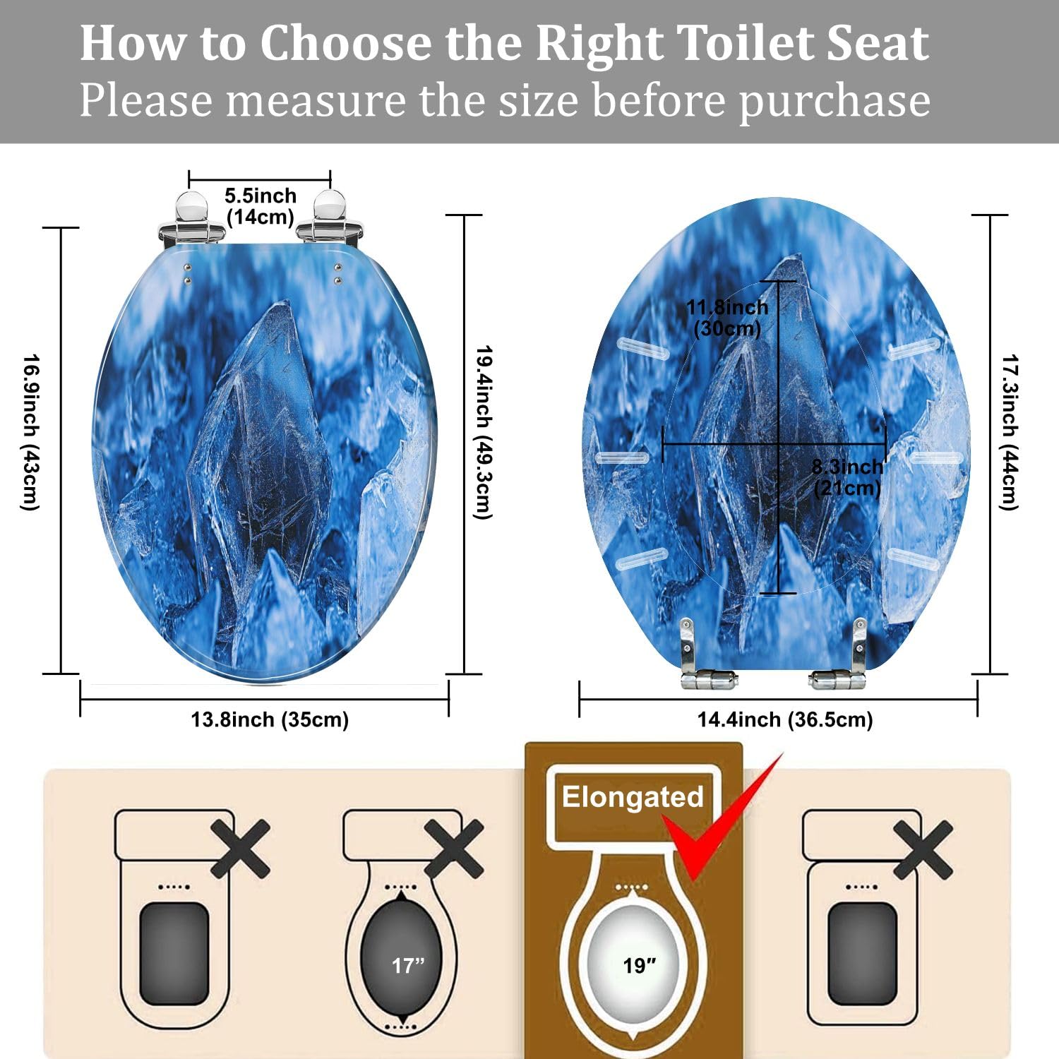 Copriwater allungato con chiusura ammortizzata e cerniere a sgancio rapido, in resina blu vetriolo solfato di rame, decorativo.