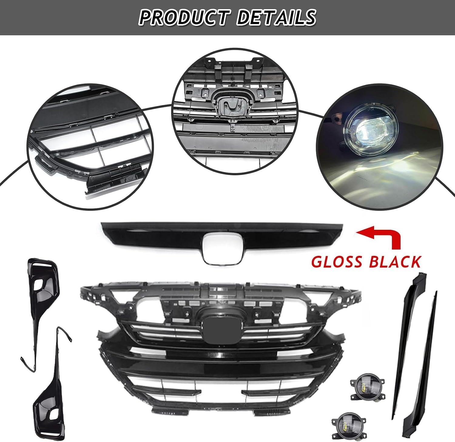 Bewild Front Body Kit Fit For 2021-2023 Honda Accord Front Bumper Upper & Lower Grille + Headlight Eyebrow Decorative Strip + Foglights With Bezel Covers Set 7Pcs Replacement Kit (Glossy Black)