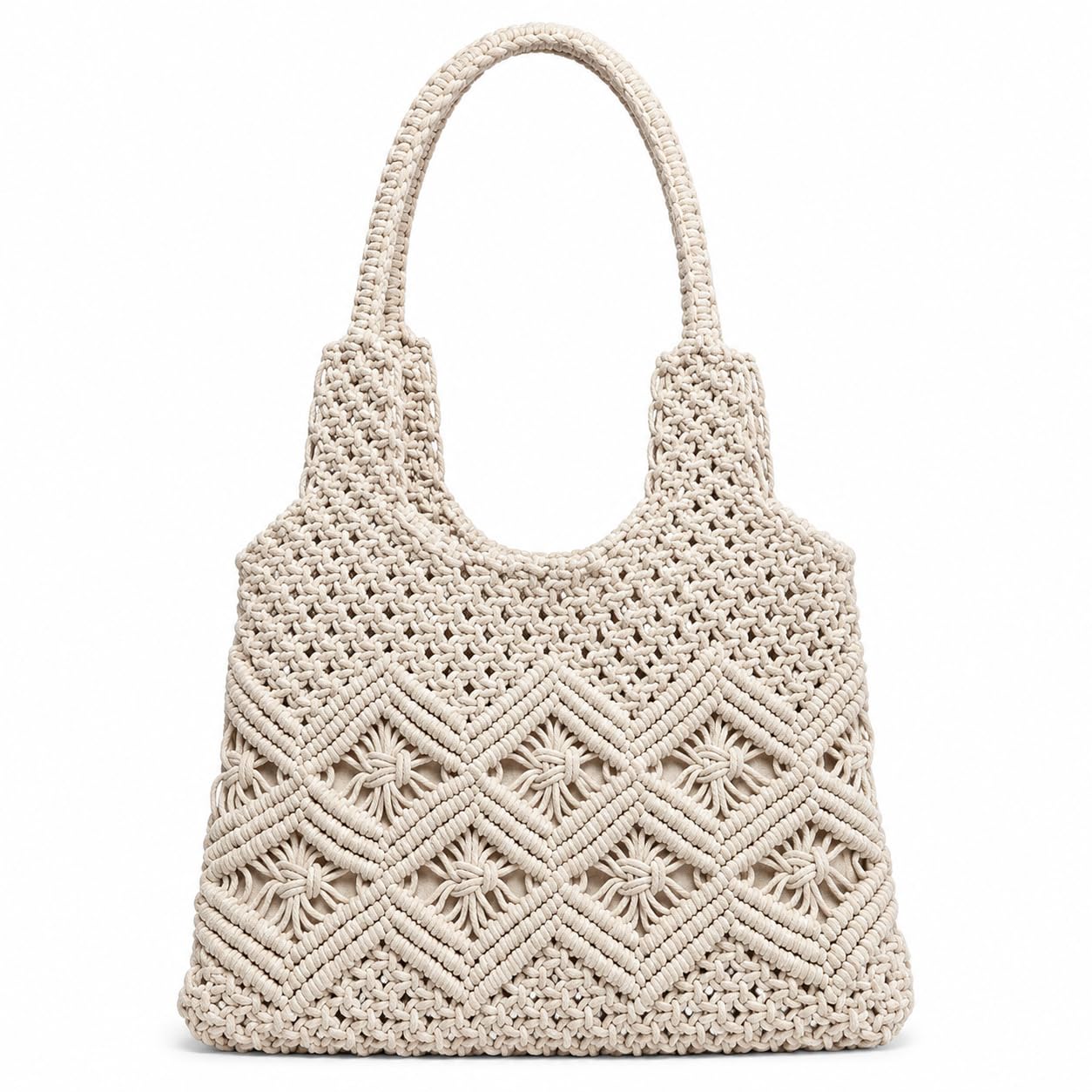 oquniq Tote Bag for Women, Macrame Handbag, Crochet Shoulder Bag, Woven Cotton Rope Purse, Large Beach Bag, Shopping Sling Bag, Travel Handbag, Boho Fashion Bag for Women (Off White)-picture-16